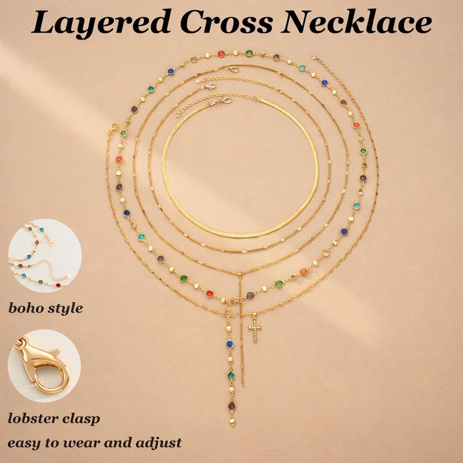 image:imageFAXHION 5PCS 14k Gold Plated Cross Necklaces for Women Pendant Stacked Layered Diamond Y Long Boho Jewelry Sets Adjustable Accessories Trendy Gifts for Womengold01