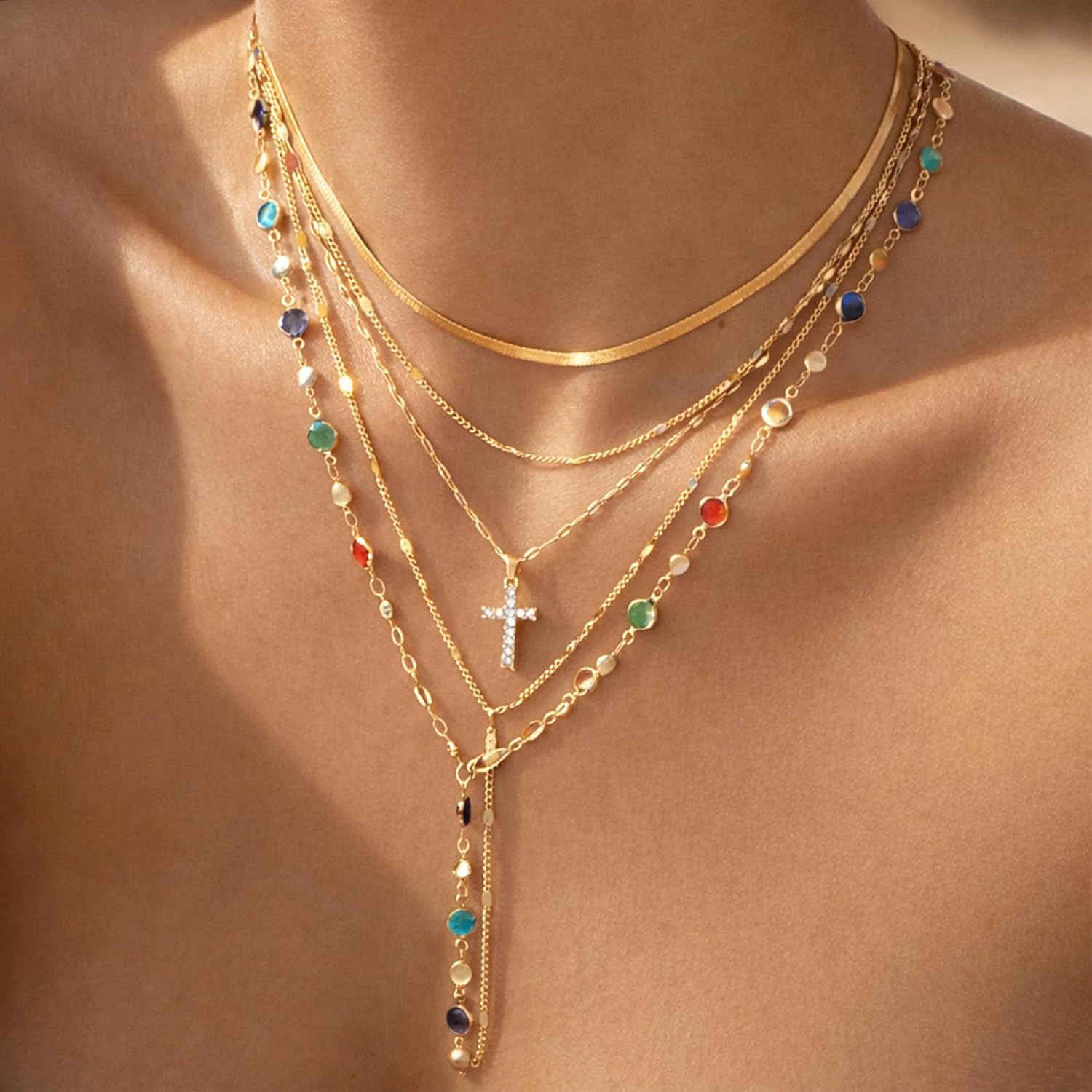 image:imageFAXHION 5PCS 14k Gold Plated Cross Necklaces for Women Pendant Stacked Layered Diamond Y Long Boho Jewelry Sets Adjustable Accessories Trendy Gifts for Womengold01