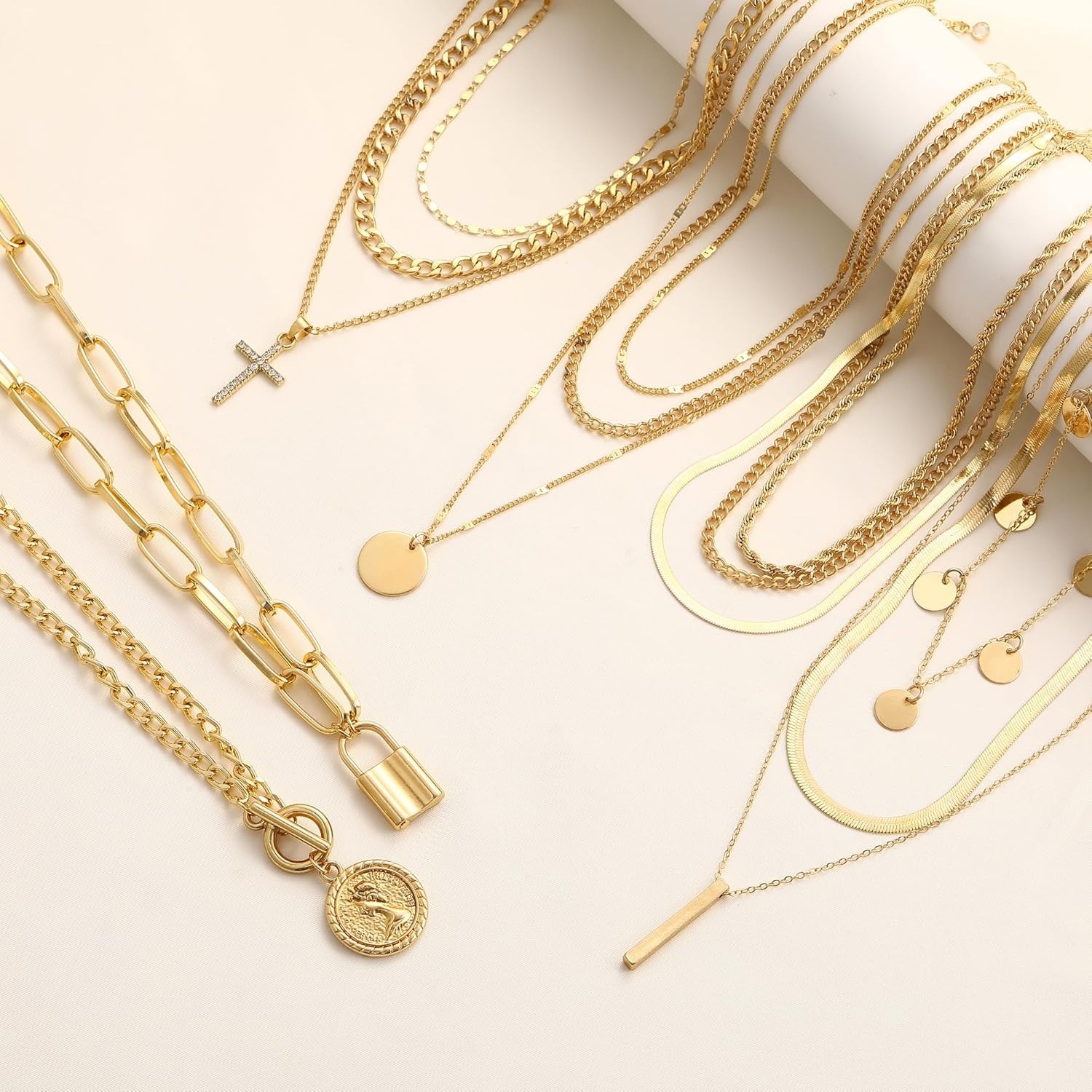 image:imageFAXHION 68 Pcs Gold Jewelry Set for Women with 7 Necklace 17 Bracelet 5 Hoop Earrings 15 Stud Earrings 24 Knuckle Rings for Women Jewelry Set for Womengold jewelry