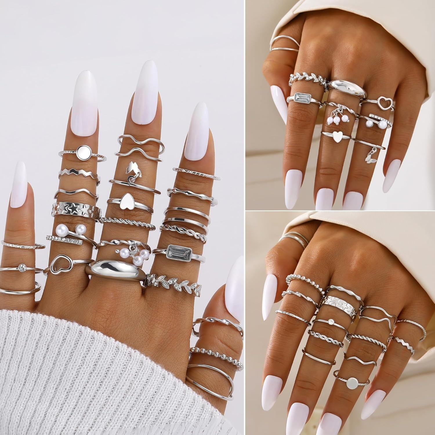 image:imageFAXHION 68 Pcs Gold Jewelry Set for Women with 7 Necklace 17 Bracelet 5 Hoop Earrings 15 Stud Earrings 24 Knuckle Rings for Women Jewelry Set for Womensilver jewelry set
