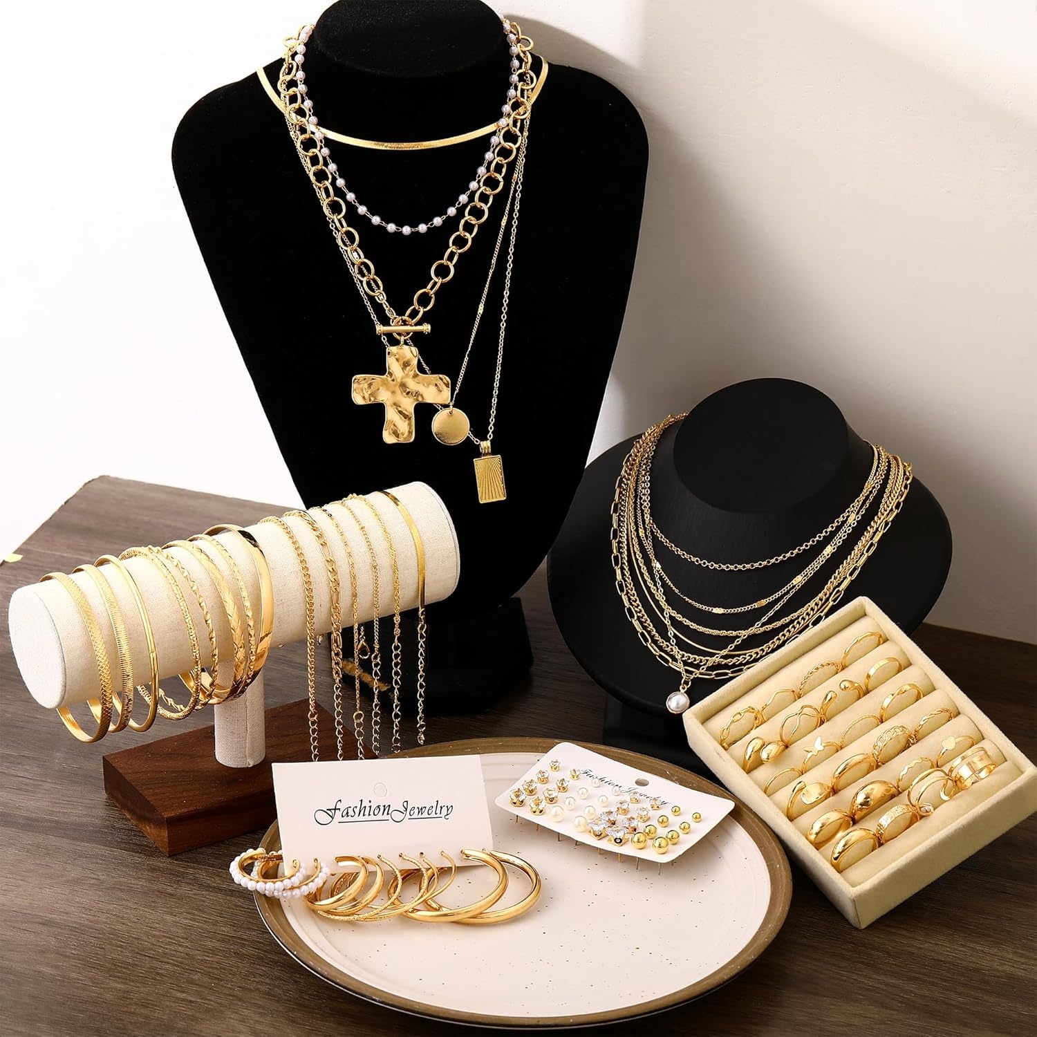 image:imageFAXHION 68 Pcs Gold Jewelry Set for Women with 7 Necklace 17 Bracelet 5 Hoop Earrings 15 Stud Earrings 24 Knuckle Rings for Women Jewelry Set for Womenchunky jewelry pack