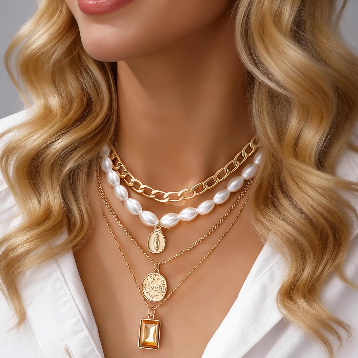 image:imageFAXHION 68 Pcs Gold Jewelry Set for Women with 7 Necklace 17 Bracelet 5 Hoop Earrings 15 Stud Earrings 24 Knuckle Rings for Women Jewelry Set for Womengold hoops set