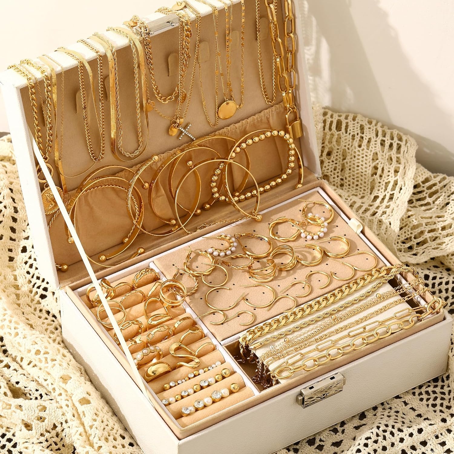 image:imageFAXHION 68 Pcs Gold Jewelry Set for Women with 7 Necklace 17 Bracelet 5 Hoop Earrings 15 Stud Earrings 24 Knuckle Rings for Women Jewelry Set for Womengold jewelry