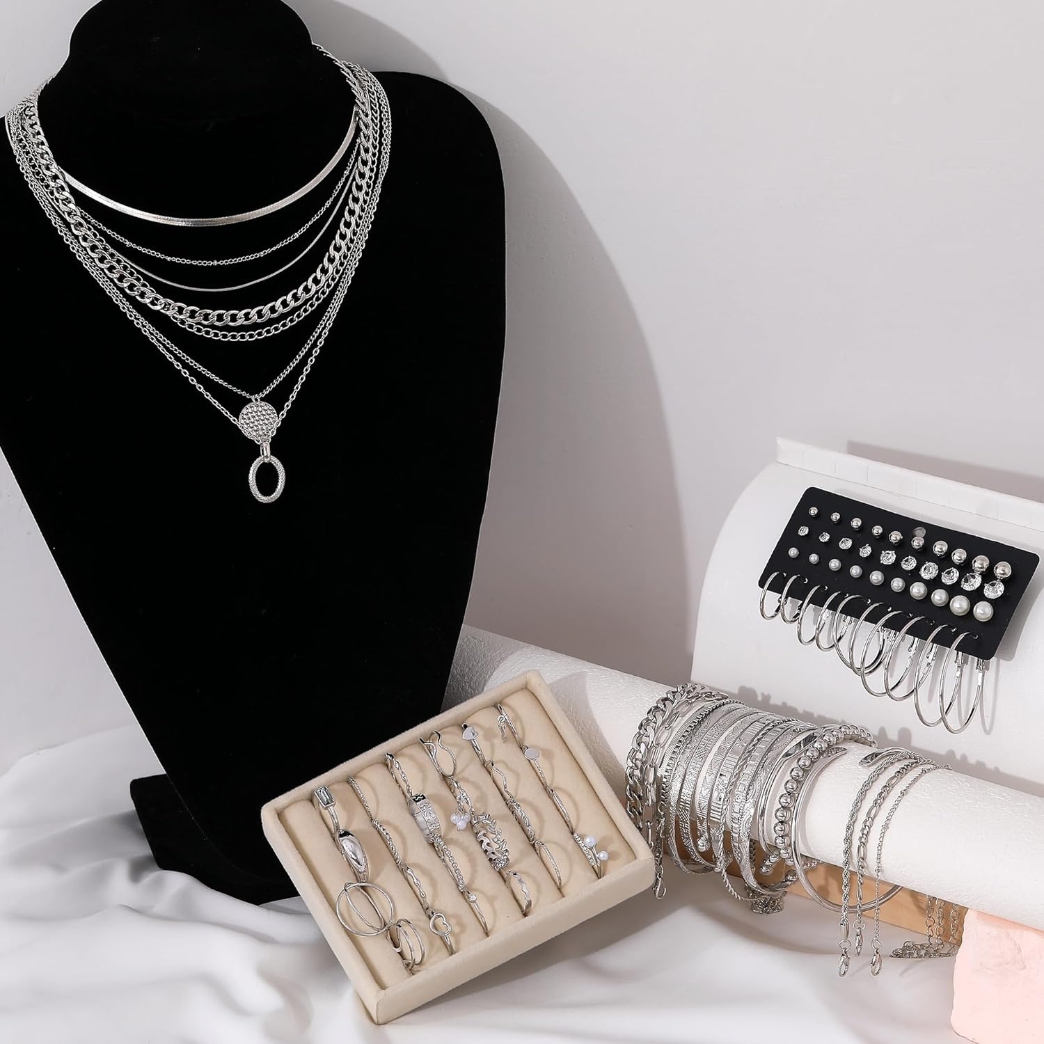 image:imageFAXHION 68 Pcs Gold Jewelry Set for Women with 7 Necklace 17 Bracelet 5 Hoop Earrings 15 Stud Earrings 24 Knuckle Rings for Women Jewelry Set for Womensilver jewelry set