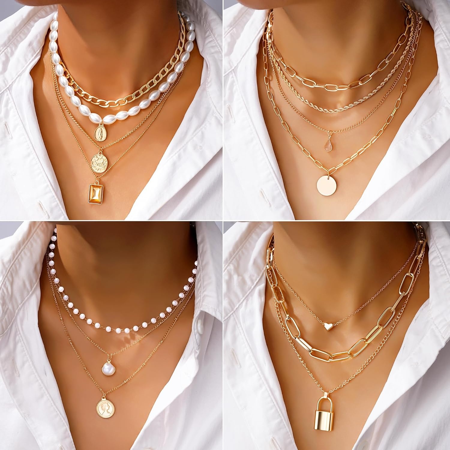 image:imageFAXHION 68 Pcs Gold Jewelry Set for Women with 7 Necklace 17 Bracelet 5 Hoop Earrings 15 Stud Earrings 24 Knuckle Rings for Women Jewelry Set for Womengold hoops set