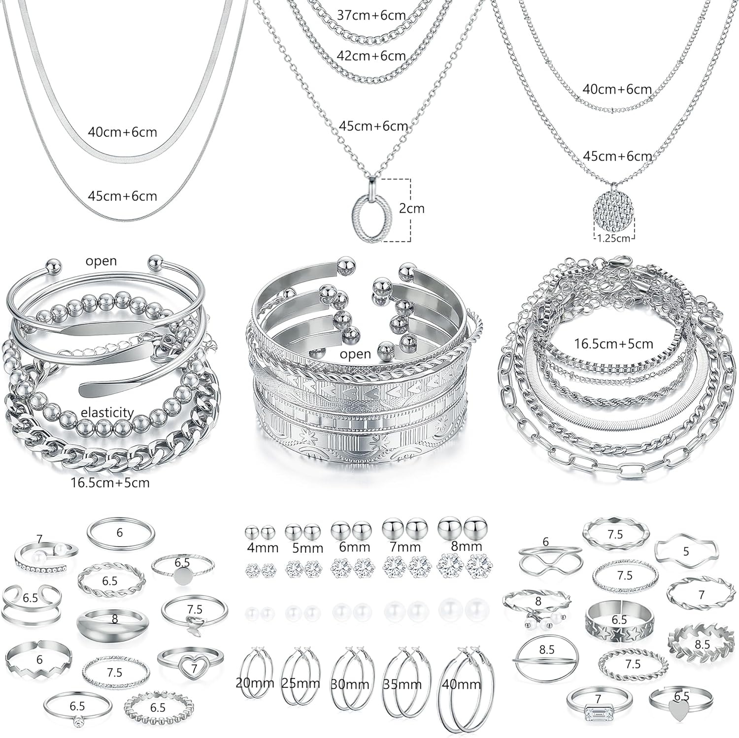 image:imageFAXHION 68 Pcs Gold Jewelry Set for Women with 7 Necklace 17 Bracelet 5 Hoop Earrings 15 Stud Earrings 24 Knuckle Rings for Women Jewelry Set for Womensilver jewelry set
