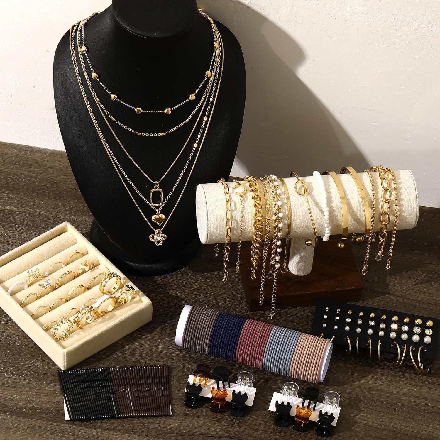 image:imageFAXHION 68 Pcs Gold Jewelry Set for Women with 7 Necklace 17 Bracelet 5 Hoop Earrings 15 Stud Earrings 24 Knuckle Rings for Women Jewelry Set for Womengold women jewelry