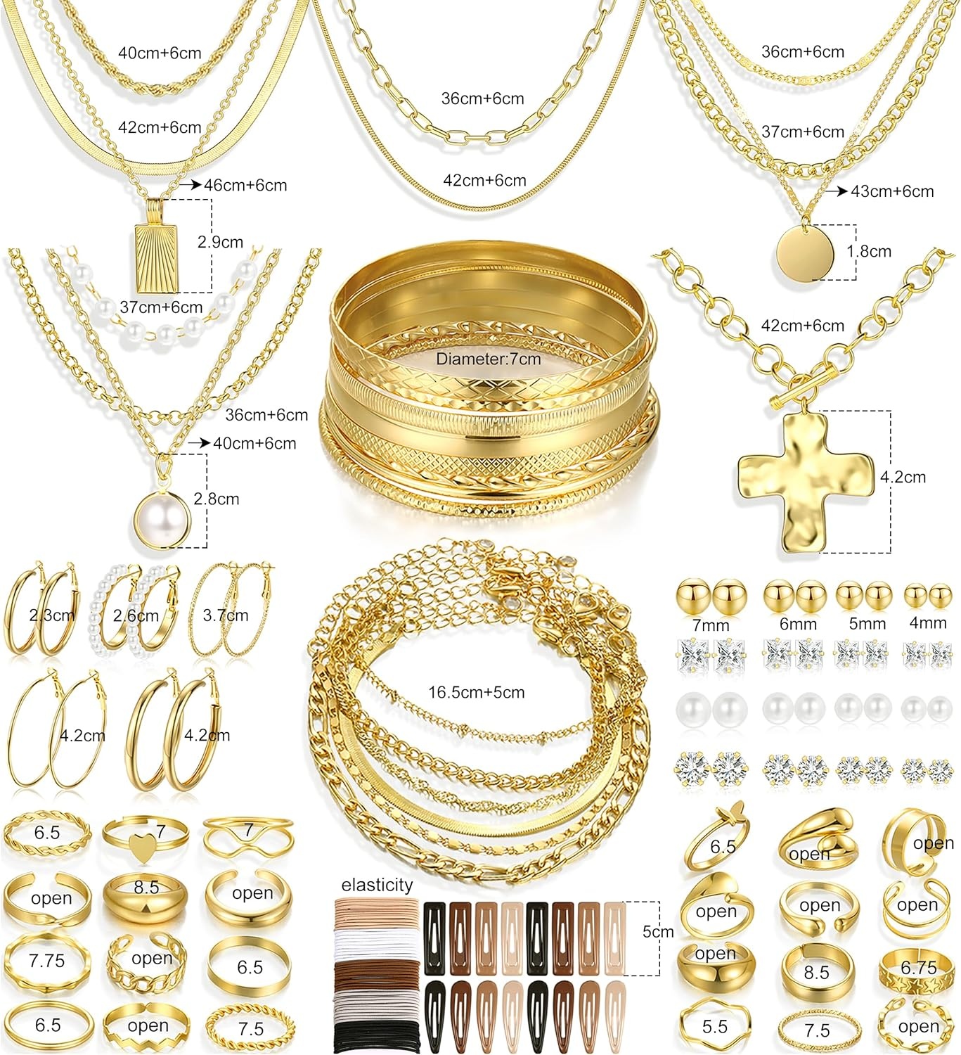 image:imageFAXHION 68 Pcs Gold Jewelry Set for Women with 7 Necklace 17 Bracelet 5 Hoop Earrings 15 Stud Earrings 24 Knuckle Rings for Women Jewelry Set for Womenchunky jewelry pack