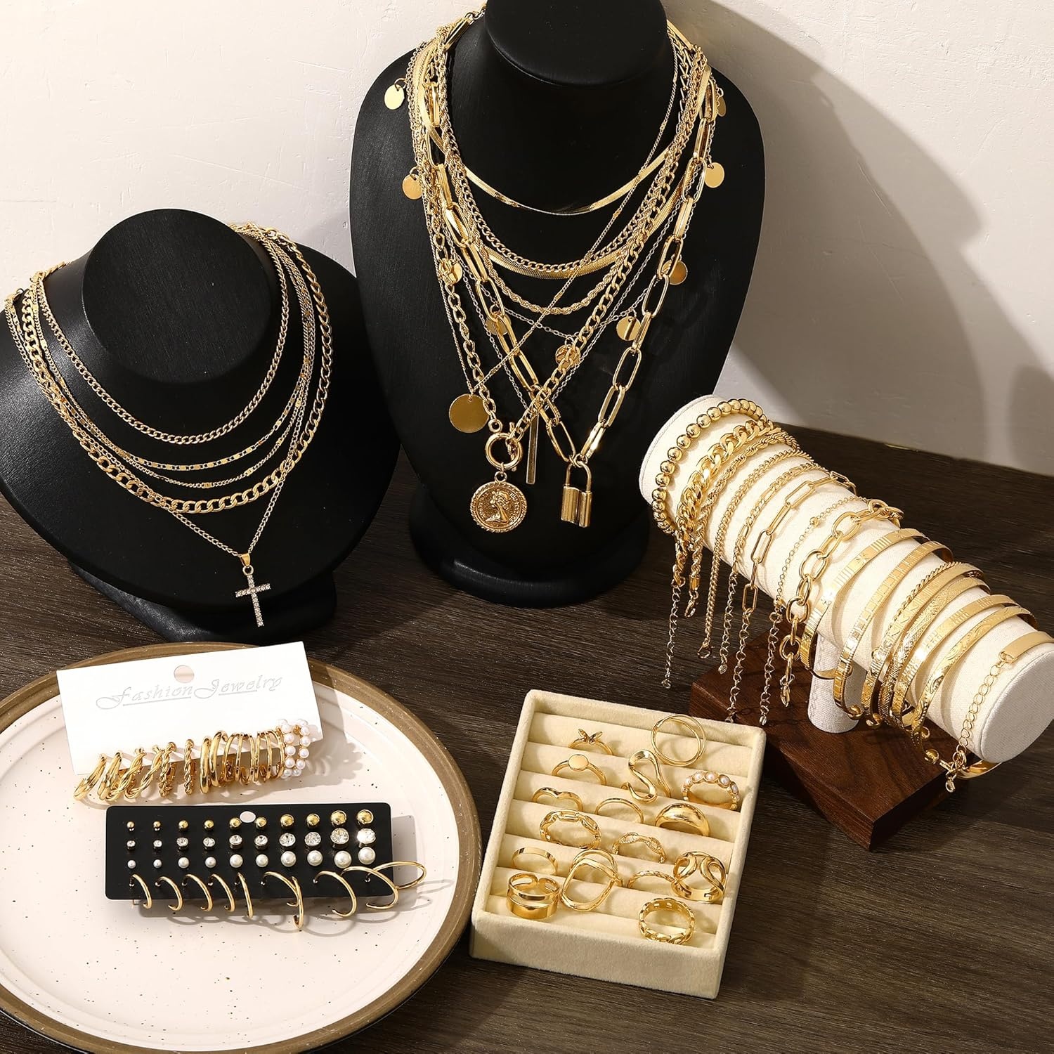 image:imageFAXHION 68 Pcs Gold Jewelry Set for Women with 7 Necklace 17 Bracelet 5 Hoop Earrings 15 Stud Earrings 24 Knuckle Rings for Women Jewelry Set for Womengold jewelry