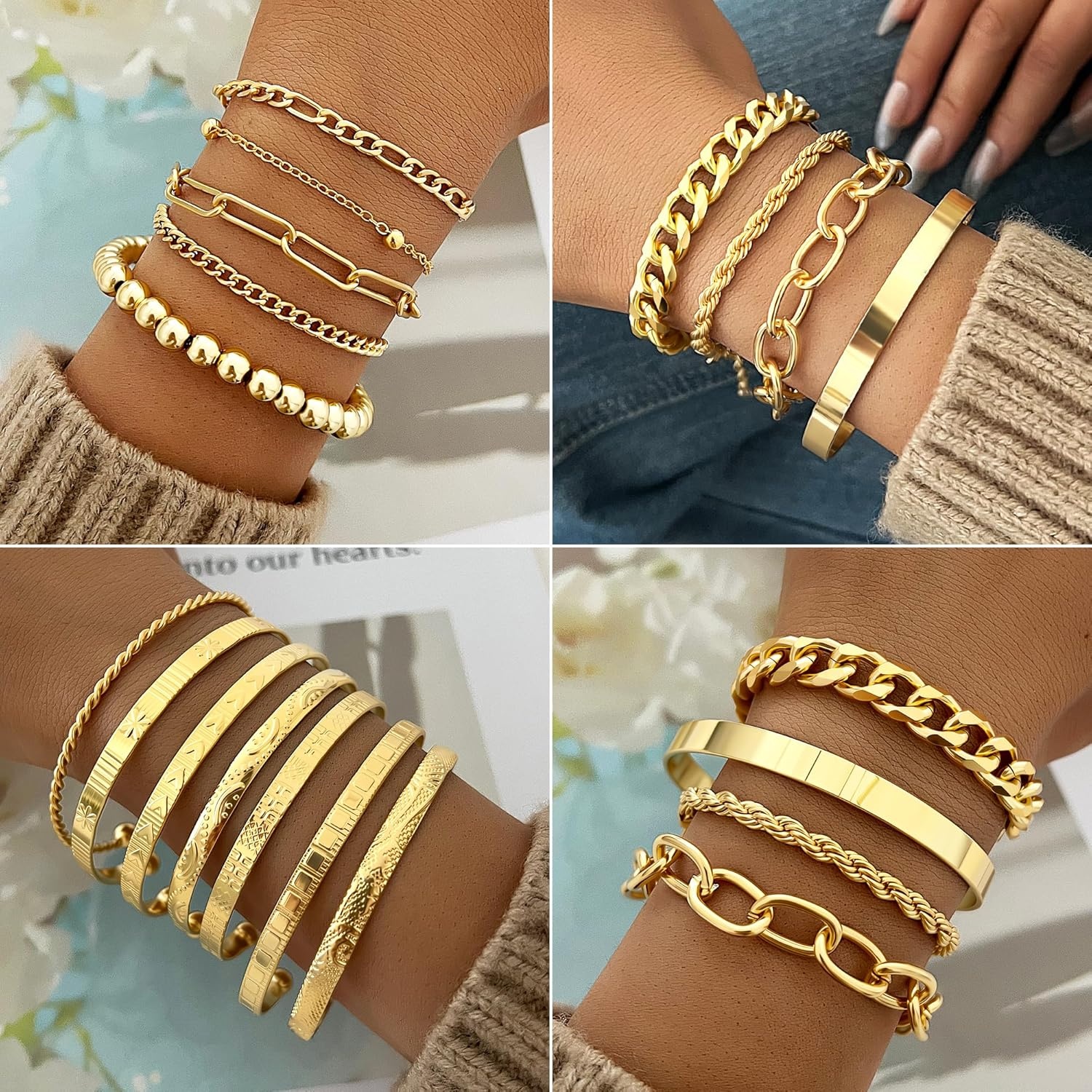 image:imageFAXHION 68 Pcs Gold Jewelry Set for Women with 7 Necklace 17 Bracelet 5 Hoop Earrings 15 Stud Earrings 24 Knuckle Rings for Women Jewelry Set for Womengold jewelry