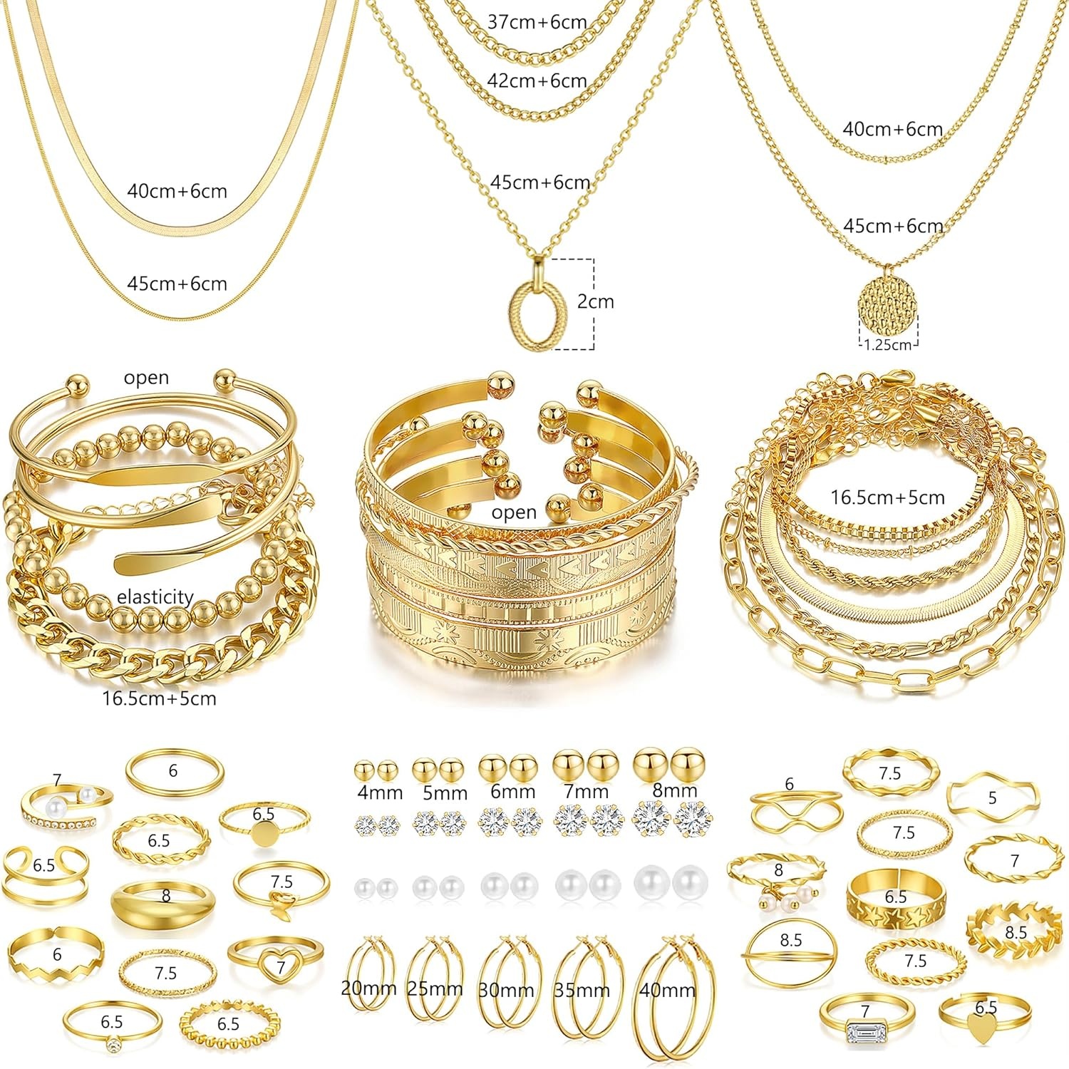 image:imageFAXHION 68 Pcs Gold Jewelry Set for Women with 7 Necklace 17 Bracelet 5 Hoop Earrings 15 Stud Earrings 24 Knuckle Rings for Women Jewelry Set for Womengold jewelry set