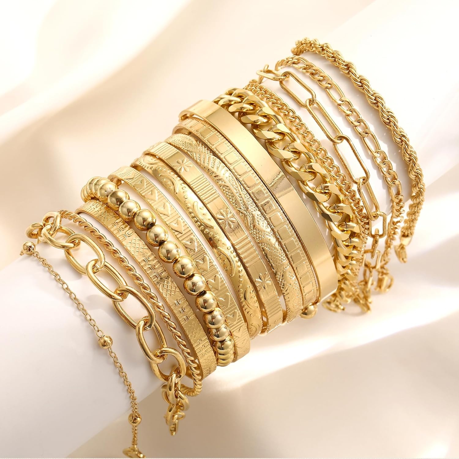 image:imageFAXHION 68 Pcs Gold Jewelry Set for Women with 7 Necklace 17 Bracelet 5 Hoop Earrings 15 Stud Earrings 24 Knuckle Rings for Women Jewelry Set for Womengold jewelry