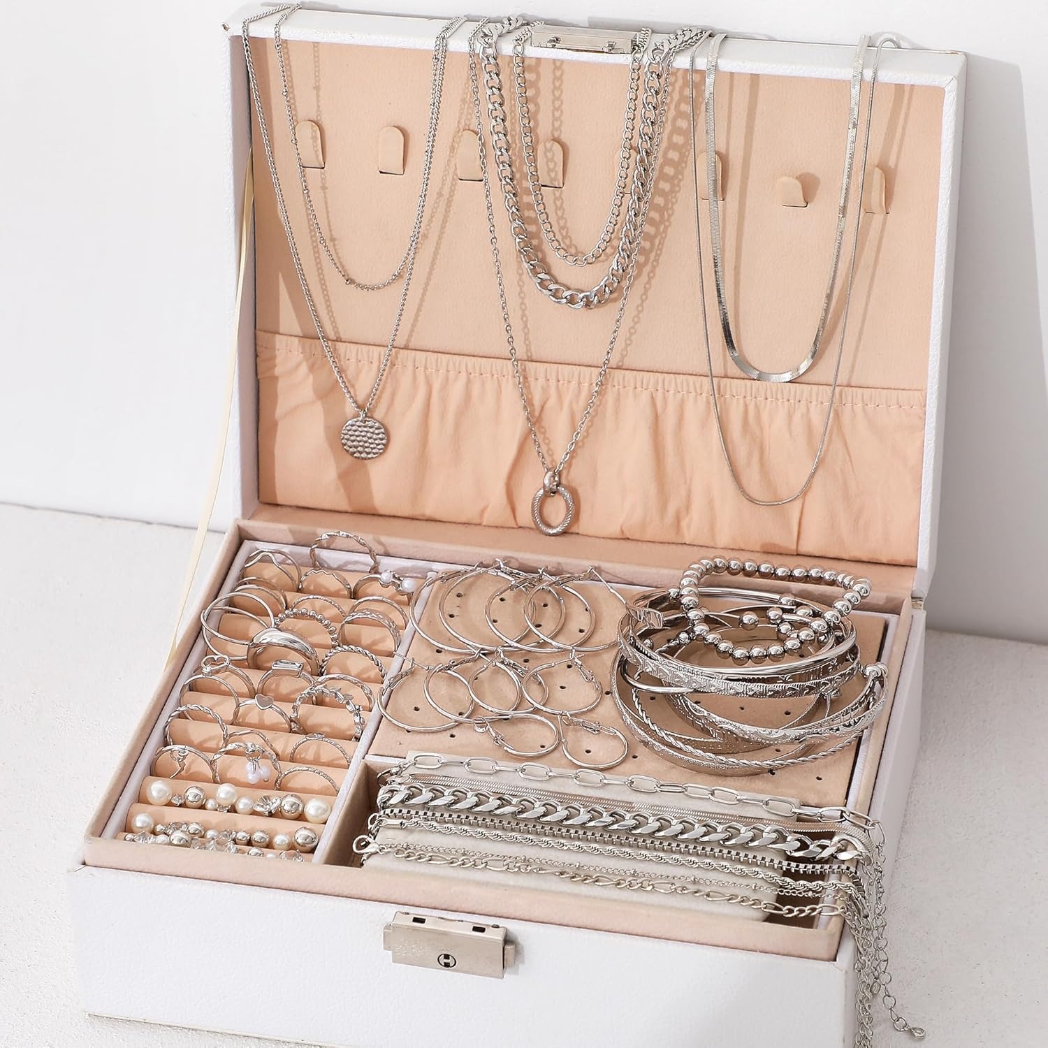 image:imageFAXHION 68 Pcs Gold Jewelry Set for Women with 7 Necklace 17 Bracelet 5 Hoop Earrings 15 Stud Earrings 24 Knuckle Rings for Women Jewelry Set for Womensilver jewelry set