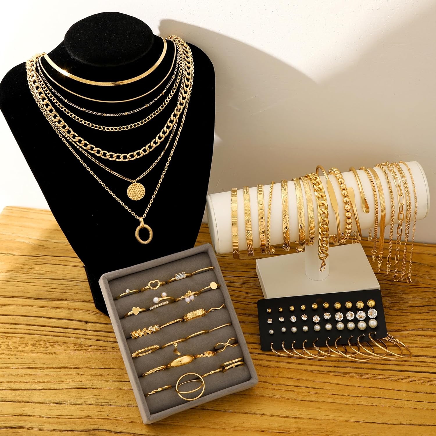 image:imageFAXHION 68 Pcs Gold Jewelry Set for Women with 7 Necklace 17 Bracelet 5 Hoop Earrings 15 Stud Earrings 24 Knuckle Rings for Women Jewelry Set for Womengold jewelry set