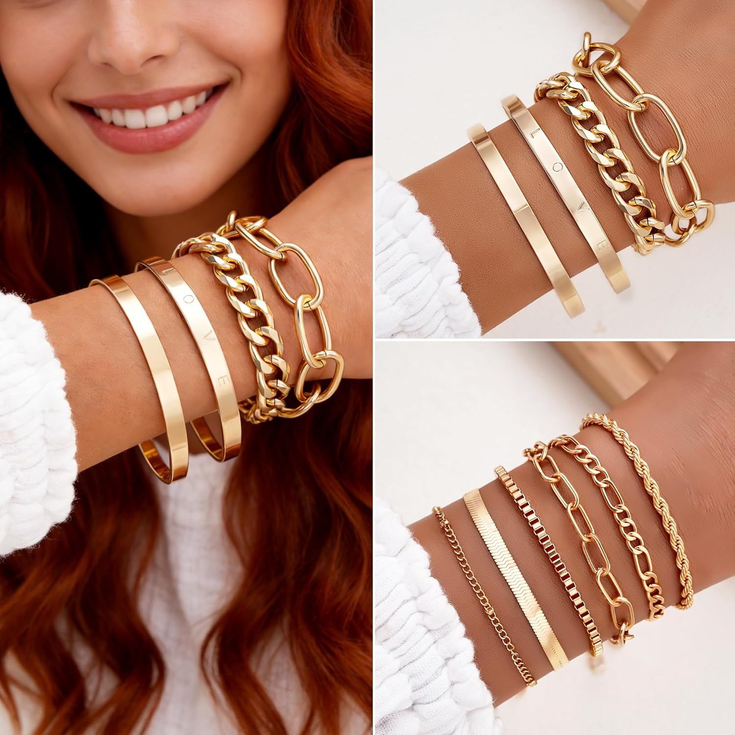 image:imageFAXHION 68 Pcs Gold Jewelry Set for Women with 7 Necklace 17 Bracelet 5 Hoop Earrings 15 Stud Earrings 24 Knuckle Rings for Women Jewelry Set for Womengold hoops set