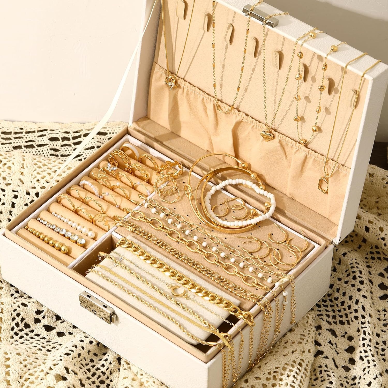 image:imageFAXHION 68 Pcs Gold Jewelry Set for Women with 7 Necklace 17 Bracelet 5 Hoop Earrings 15 Stud Earrings 24 Knuckle Rings for Women Jewelry Set for Womengold women jewelry