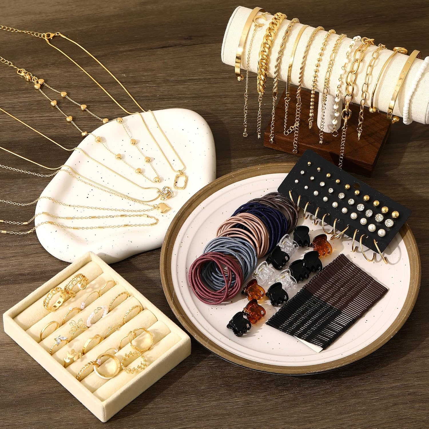 image:imageFAXHION 68 Pcs Gold Jewelry Set for Women with 7 Necklace 17 Bracelet 5 Hoop Earrings 15 Stud Earrings 24 Knuckle Rings for Women Jewelry Set for Womengold women jewelry