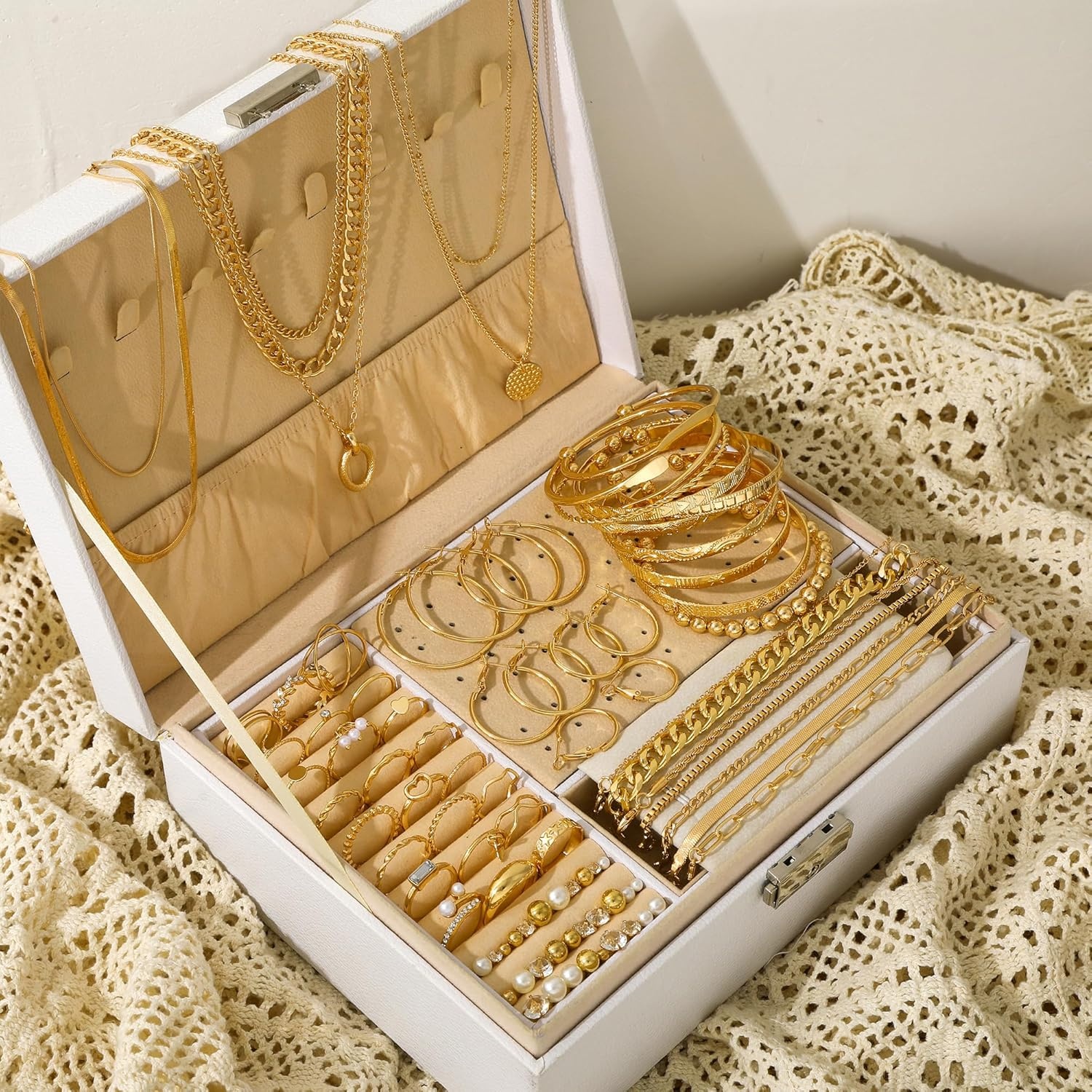 image:imageFAXHION 68 Pcs Gold Jewelry Set for Women with 7 Necklace 17 Bracelet 5 Hoop Earrings 15 Stud Earrings 24 Knuckle Rings for Women Jewelry Set for Womengold jewelry set