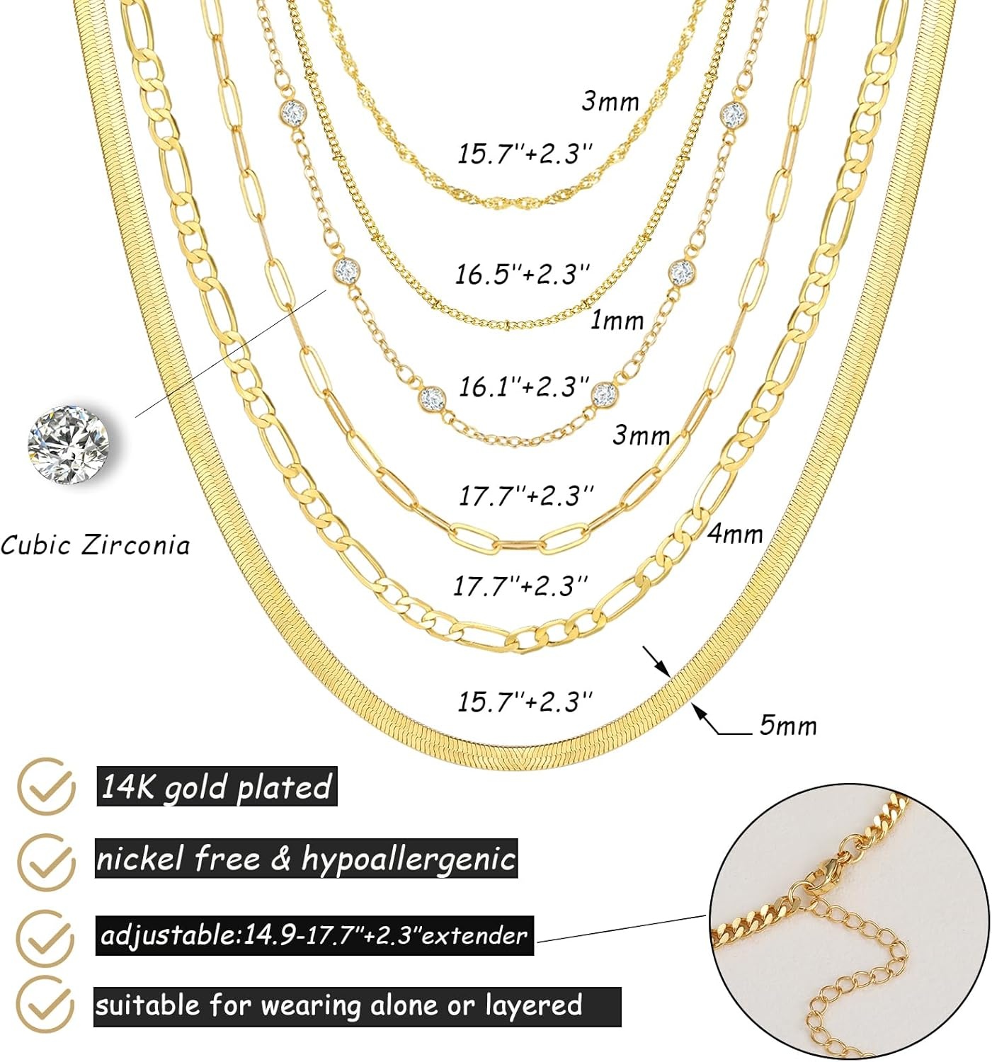 image:imageFAXHION 6PCS Gold Layered Chain Necklaces for Women18k Gold Dainty CZ Choker Necklace Trendy Adjustable Layering Necklace Set for Women Gifts