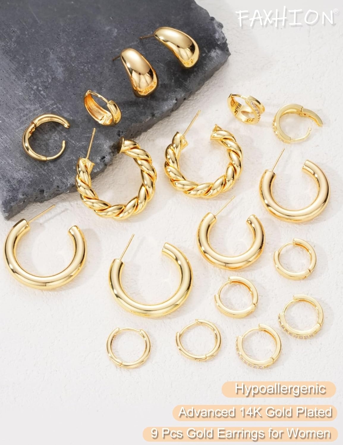 image:imageFAXHION 9 Pairs Gold Hoop Earrings for Women 14K Gold Plated Chunky Hoop Earrings Set Hypoallergenic Thick Lightweight Earring for Womens Jewelry GiftsGold9 pairs