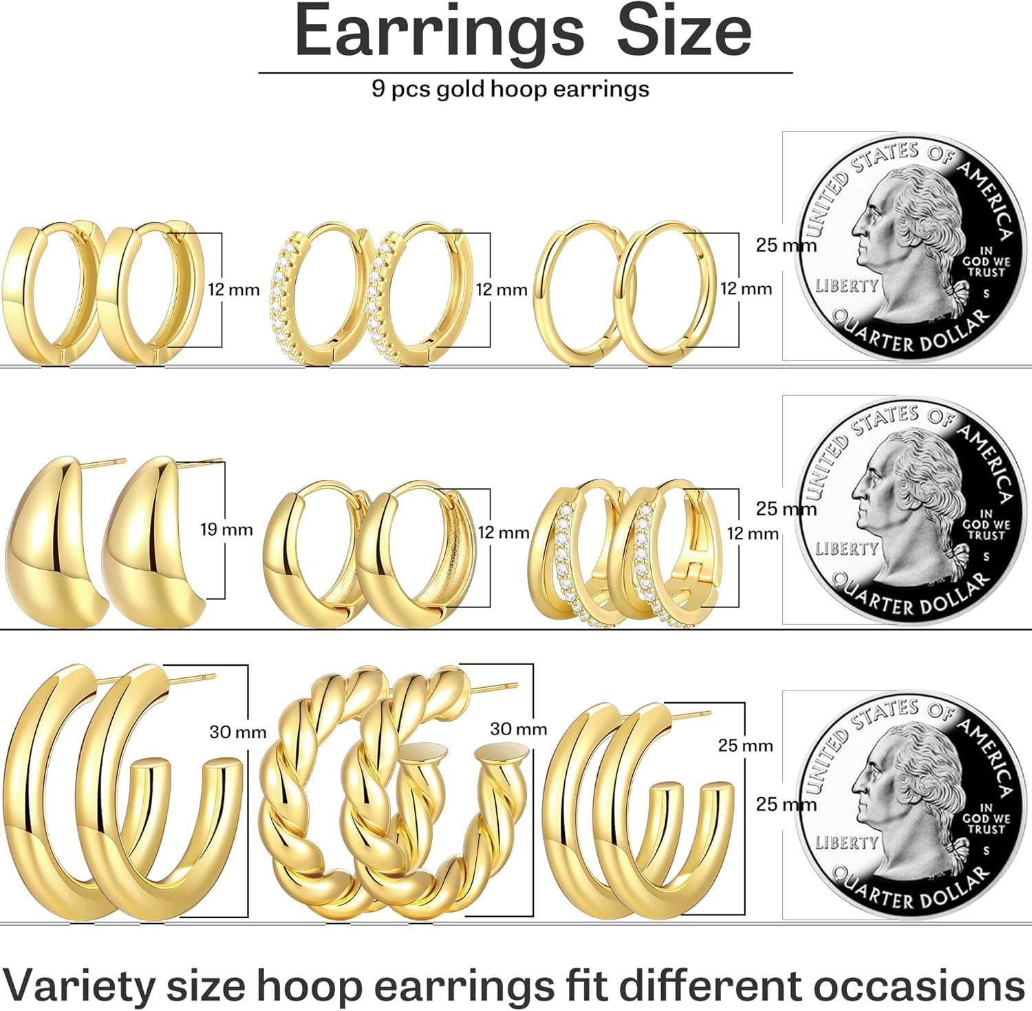 image:imageFAXHION 9 Pairs Gold Hoop Earrings for Women 14K Gold Plated Chunky Hoop Earrings Set Hypoallergenic Thick Lightweight Earring for Womens Jewelry GiftsGold9 pairs