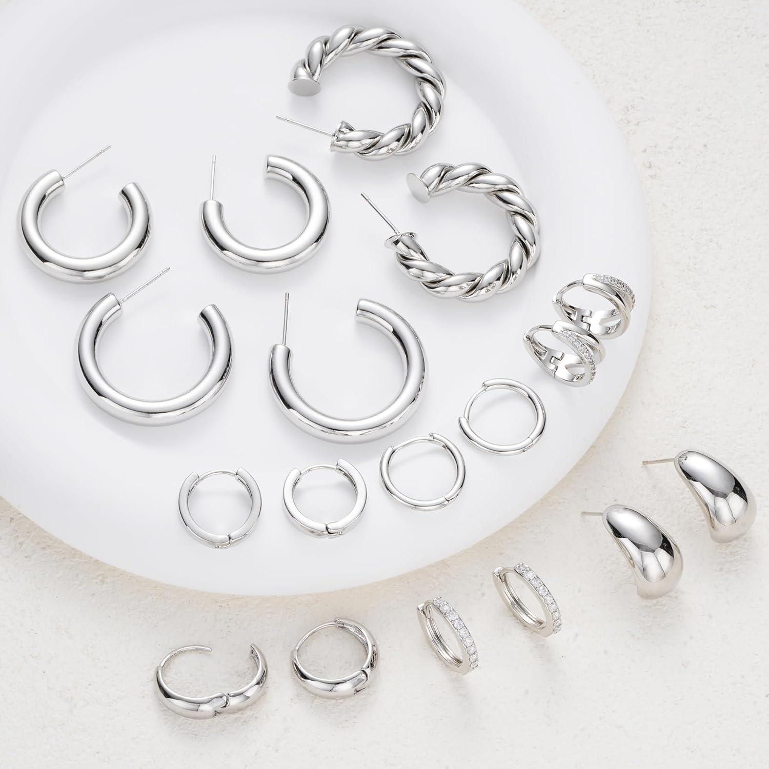 image:imageFAXHION 9 Pairs Gold Hoop Earrings for Women 14K Gold Plated Chunky Hoop Earrings Set Hypoallergenic Thick Lightweight Earring for Womens Jewelry GiftsSilver9 pairs