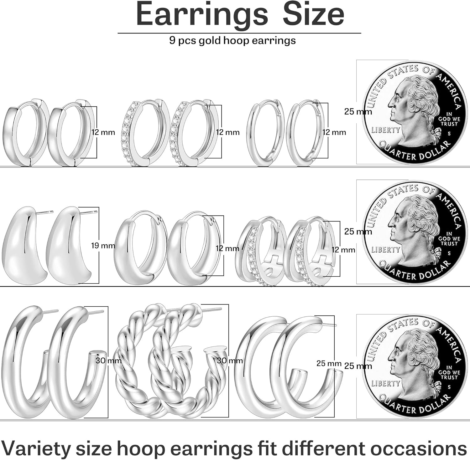 image:imageFAXHION 9 Pairs Gold Hoop Earrings for Women 14K Gold Plated Chunky Hoop Earrings Set Hypoallergenic Thick Lightweight Earring for Womens Jewelry GiftsSilver9 pairs