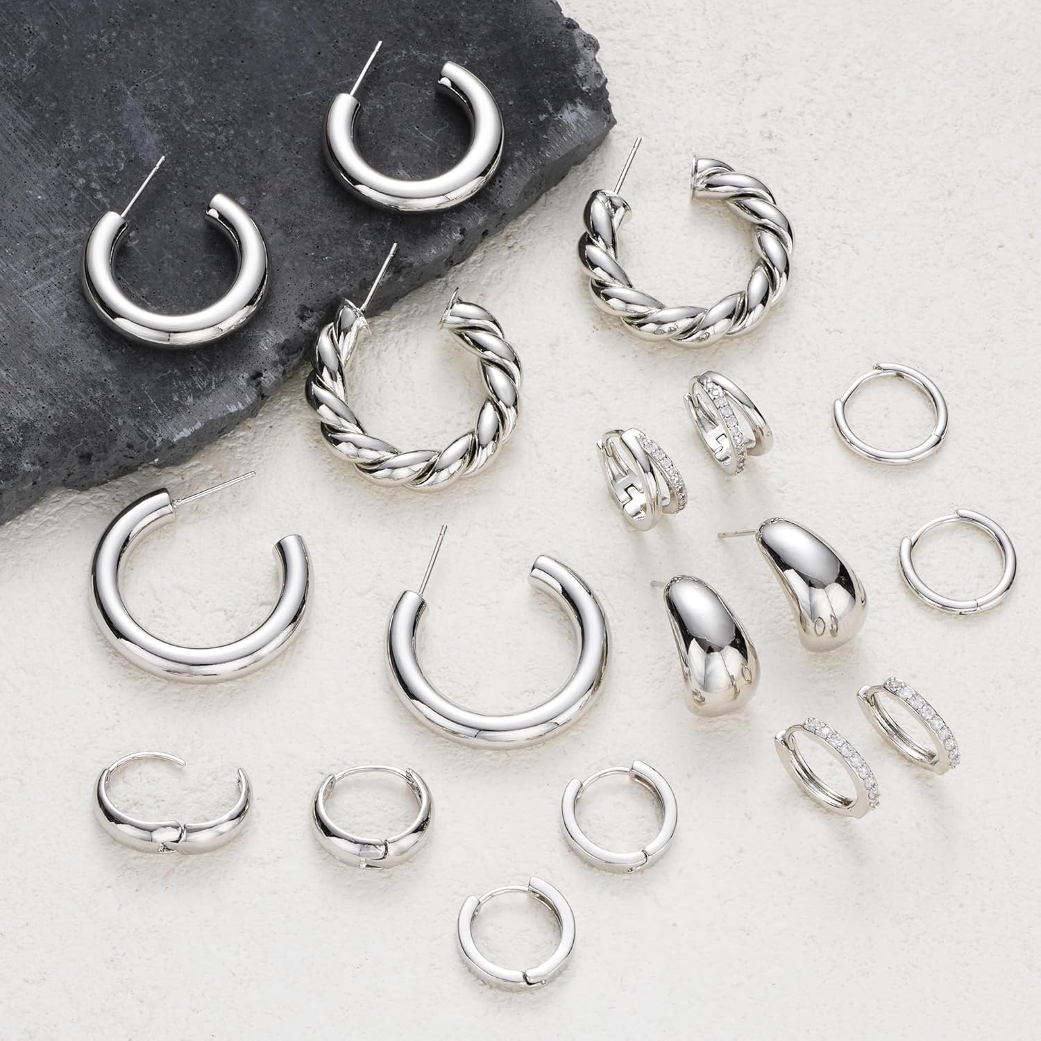 image:imageFAXHION 9 Pairs Gold Hoop Earrings for Women 14K Gold Plated Chunky Hoop Earrings Set Hypoallergenic Thick Lightweight Earring for Womens Jewelry GiftsSilver9 pairs