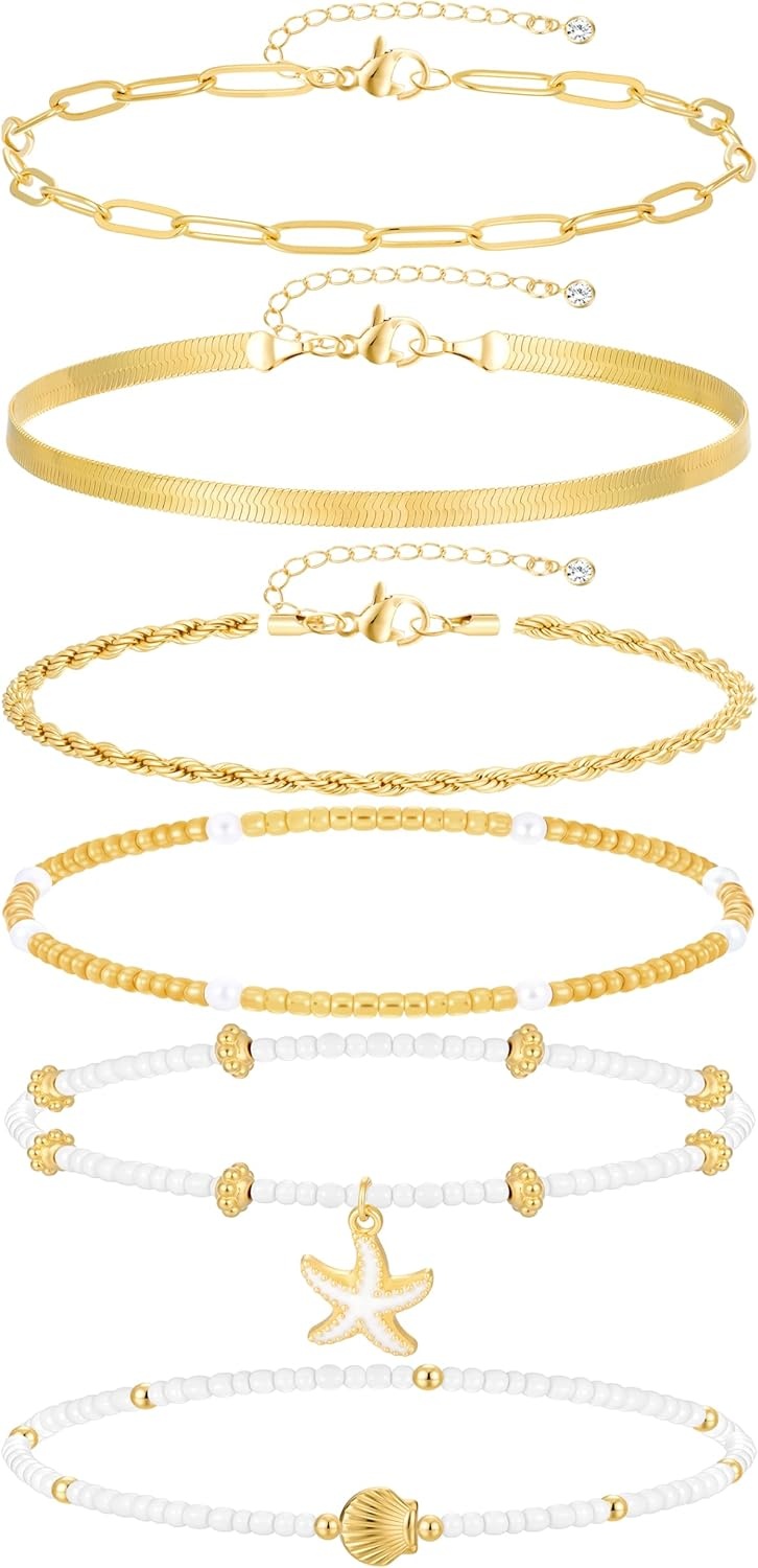 image:imageFAXHION Gold Anklets for Women Waterproof Adjustable Boho Stacking Dangle Coin White Bead Cuban Link Chain Anklets Set Summer Layered Beach Jewelry Gift for WomenGoldStarfish Shell