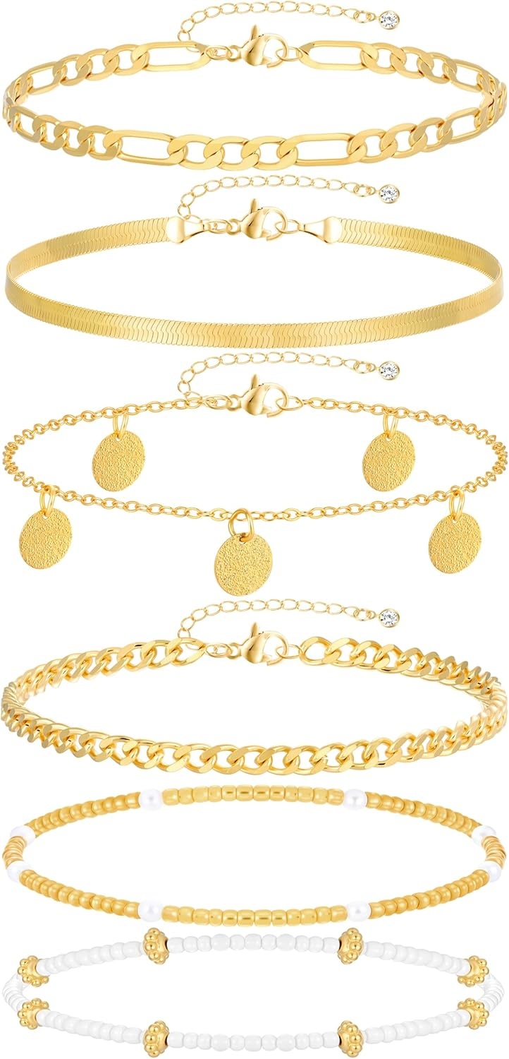 image:imageFAXHION Gold Anklets for Women Waterproof Adjustable Boho Stacking Dangle Coin White Bead Cuban Link Chain Anklets Set Summer Layered Beach Jewelry Gift for WomenGoldCuban Chain Coin
