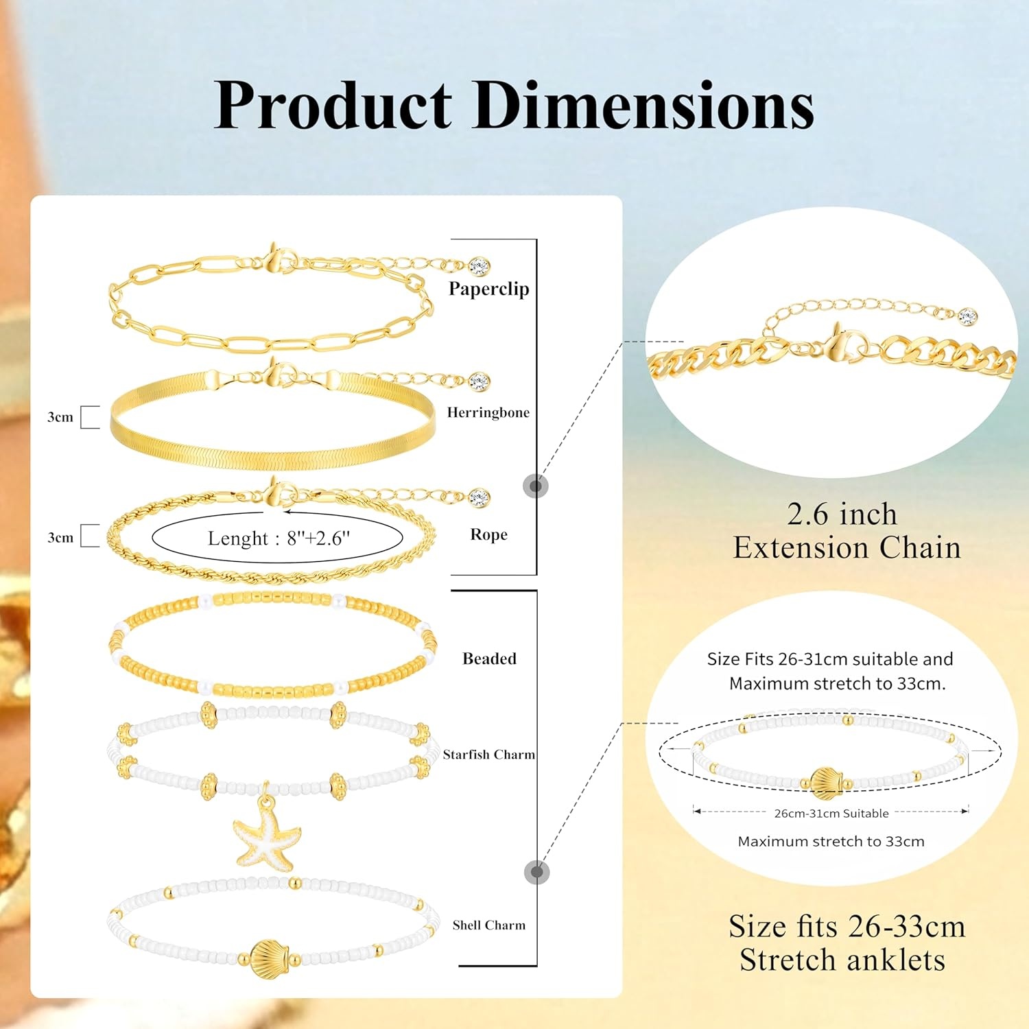 image:imageFAXHION Gold Anklets for Women Waterproof Adjustable Boho Stacking Dangle Coin White Bead Cuban Link Chain Anklets Set Summer Layered Beach Jewelry Gift for WomenGoldStarfish Shell