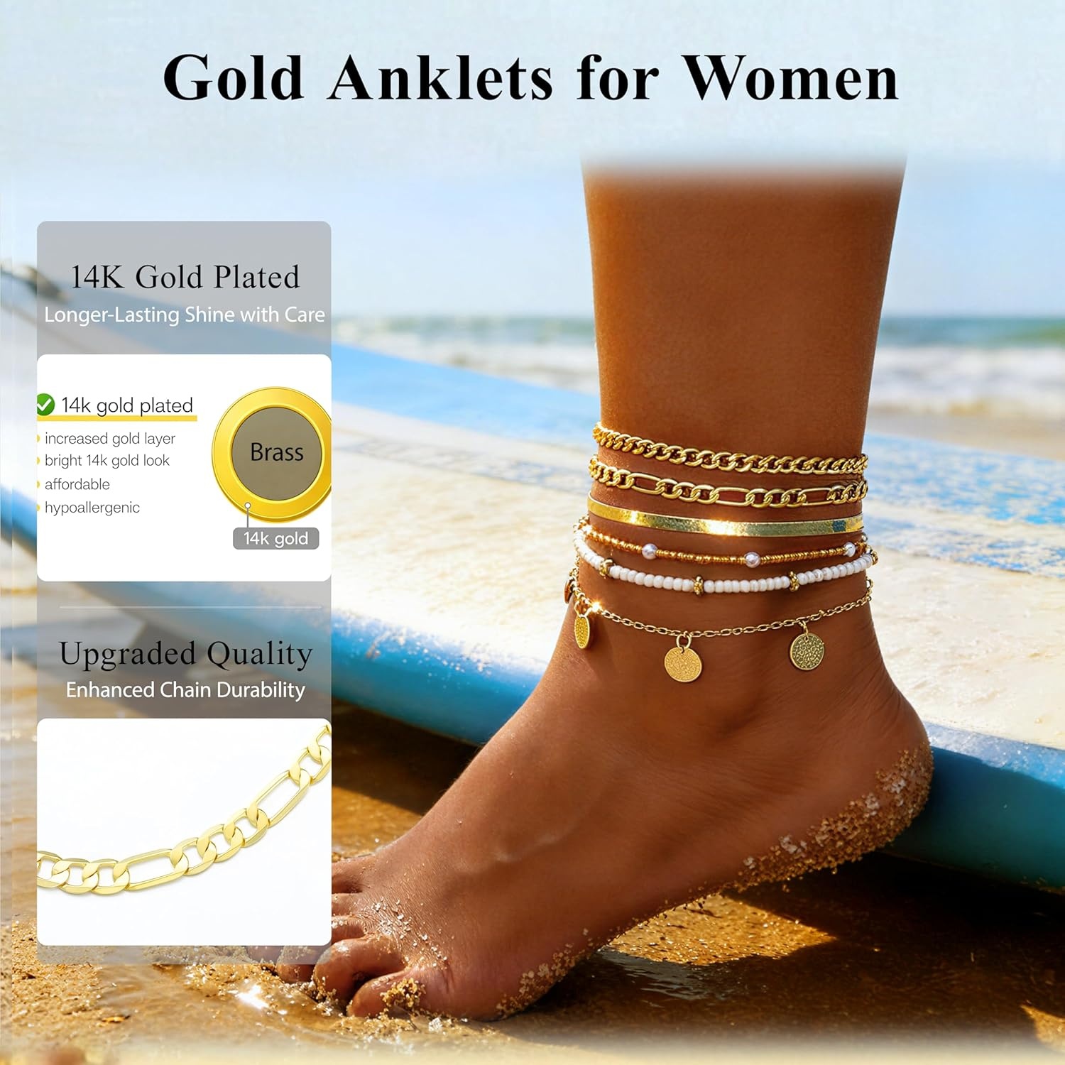 image:imageFAXHION Gold Anklets for Women Waterproof Adjustable Boho Stacking Dangle Coin White Bead Cuban Link Chain Anklets Set Summer Layered Beach Jewelry Gift for WomenGoldCuban Chain Coin