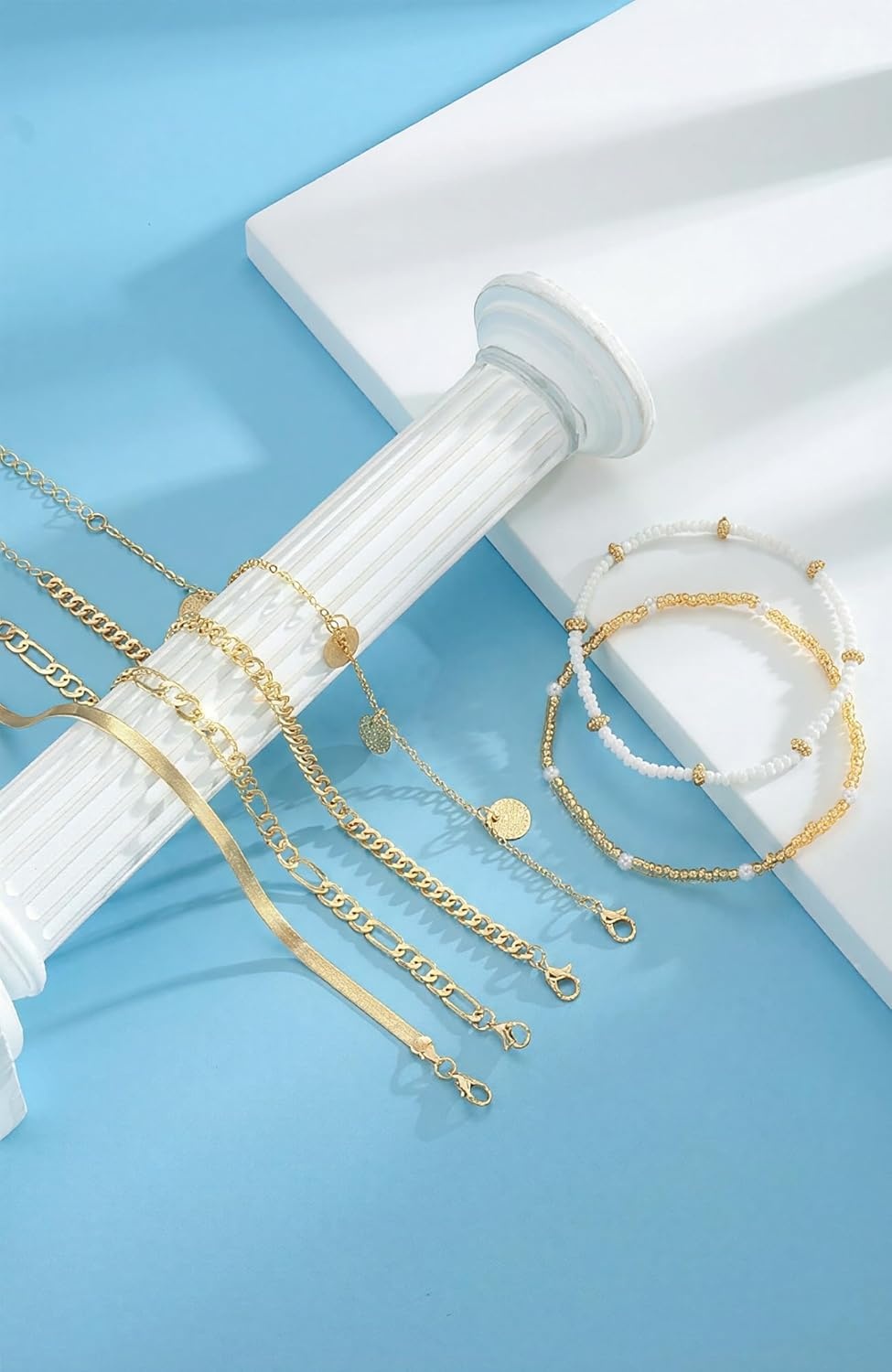 image:imageFAXHION Gold Anklets for Women Waterproof Adjustable Boho Stacking Dangle Coin White Bead Cuban Link Chain Anklets Set Summer Layered Beach Jewelry Gift for WomenGoldCuban Chain Coin
