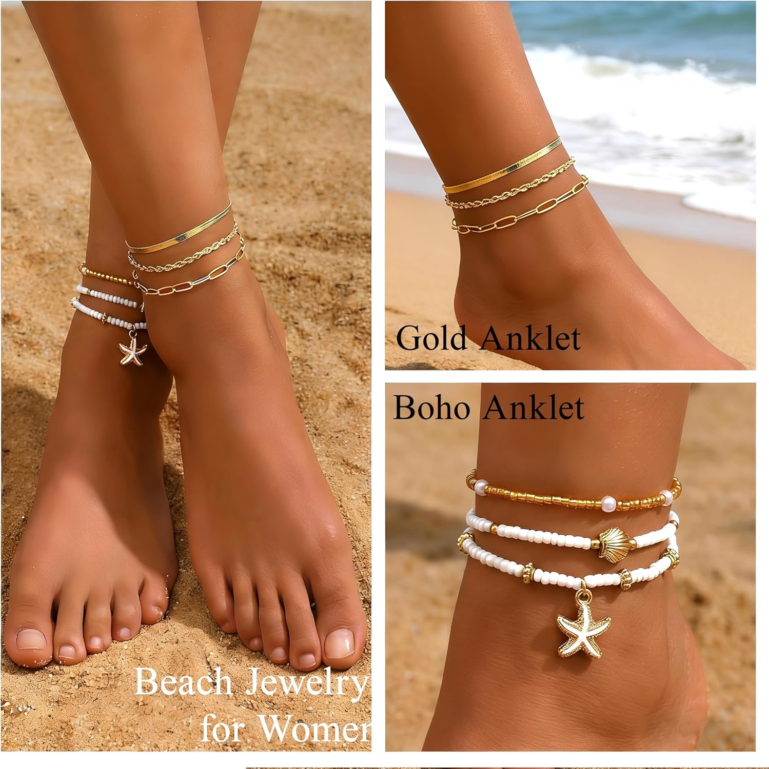 image:imageFAXHION Gold Anklets for Women Waterproof Adjustable Boho Stacking Dangle Coin White Bead Cuban Link Chain Anklets Set Summer Layered Beach Jewelry Gift for WomenGoldStarfish Shell