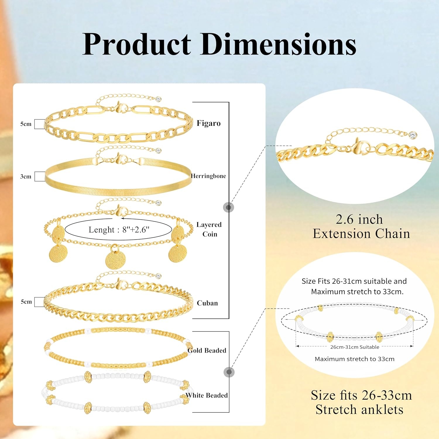 image:imageFAXHION Gold Anklets for Women Waterproof Adjustable Boho Stacking Dangle Coin White Bead Cuban Link Chain Anklets Set Summer Layered Beach Jewelry Gift for WomenGoldCuban Chain Coin