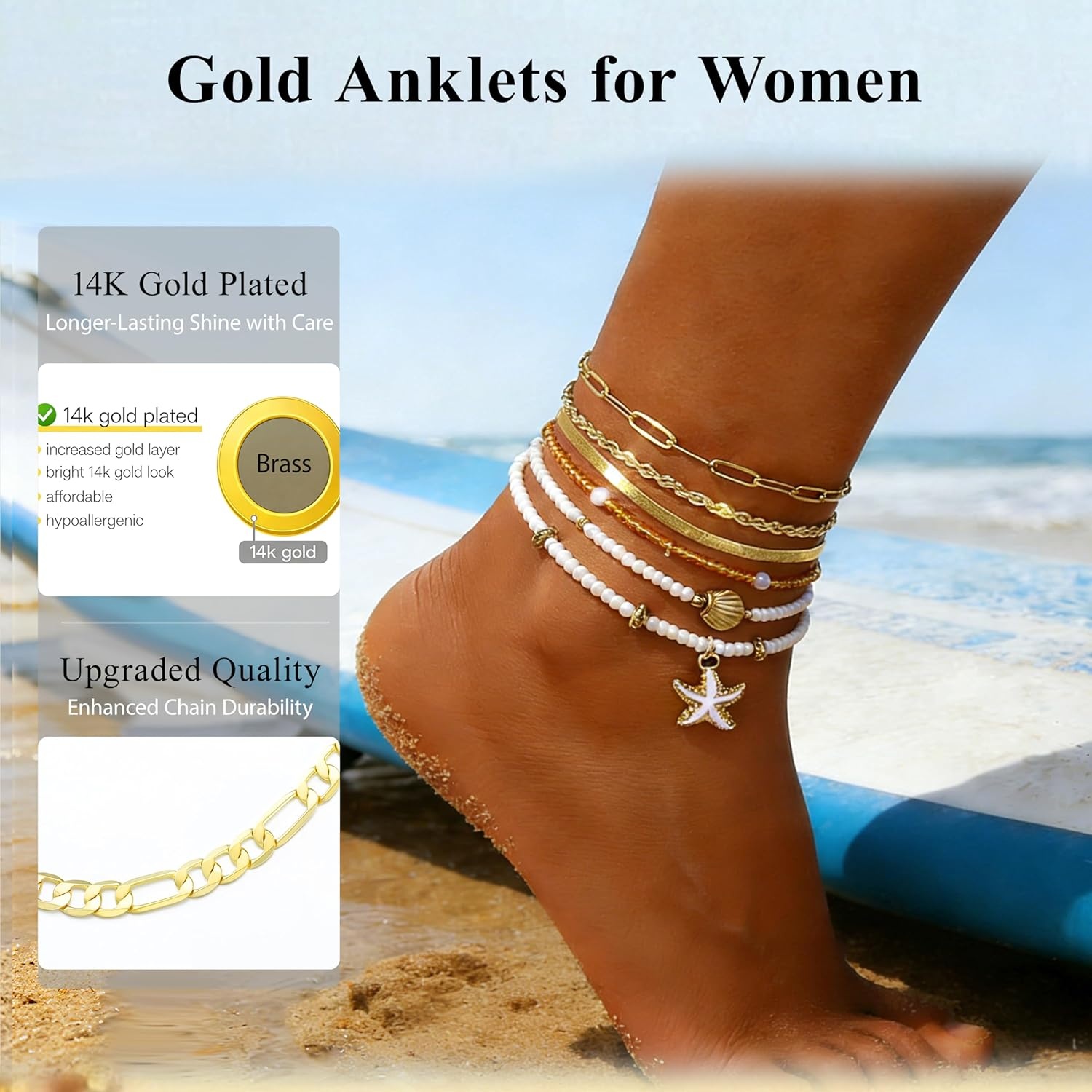 image:imageFAXHION Gold Anklets for Women Waterproof Adjustable Boho Stacking Dangle Coin White Bead Cuban Link Chain Anklets Set Summer Layered Beach Jewelry Gift for WomenGoldStarfish Shell