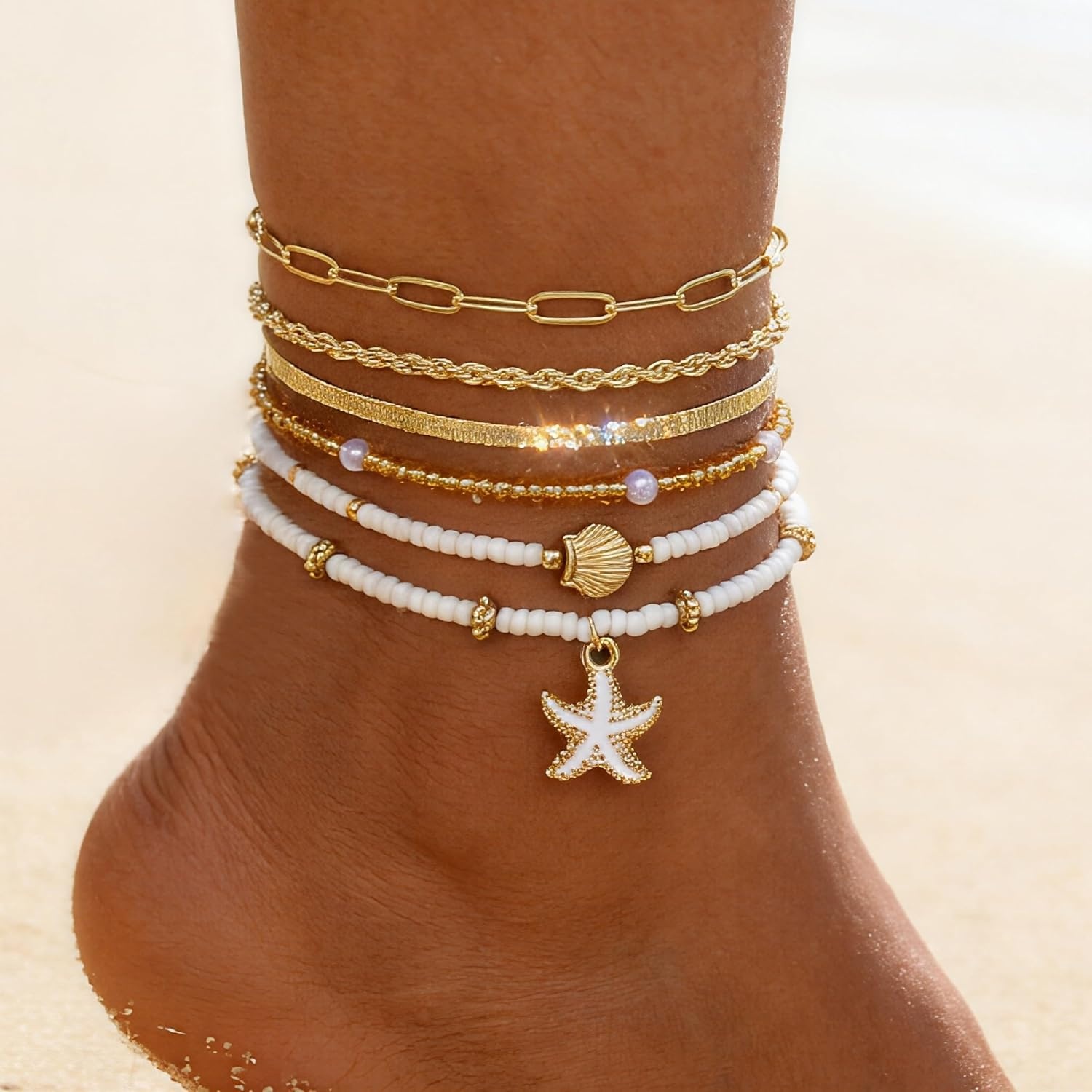 image:imageFAXHION Gold Anklets for Women Waterproof Adjustable Boho Stacking Dangle Coin White Bead Cuban Link Chain Anklets Set Summer Layered Beach Jewelry Gift for WomenGoldStarfish Shell