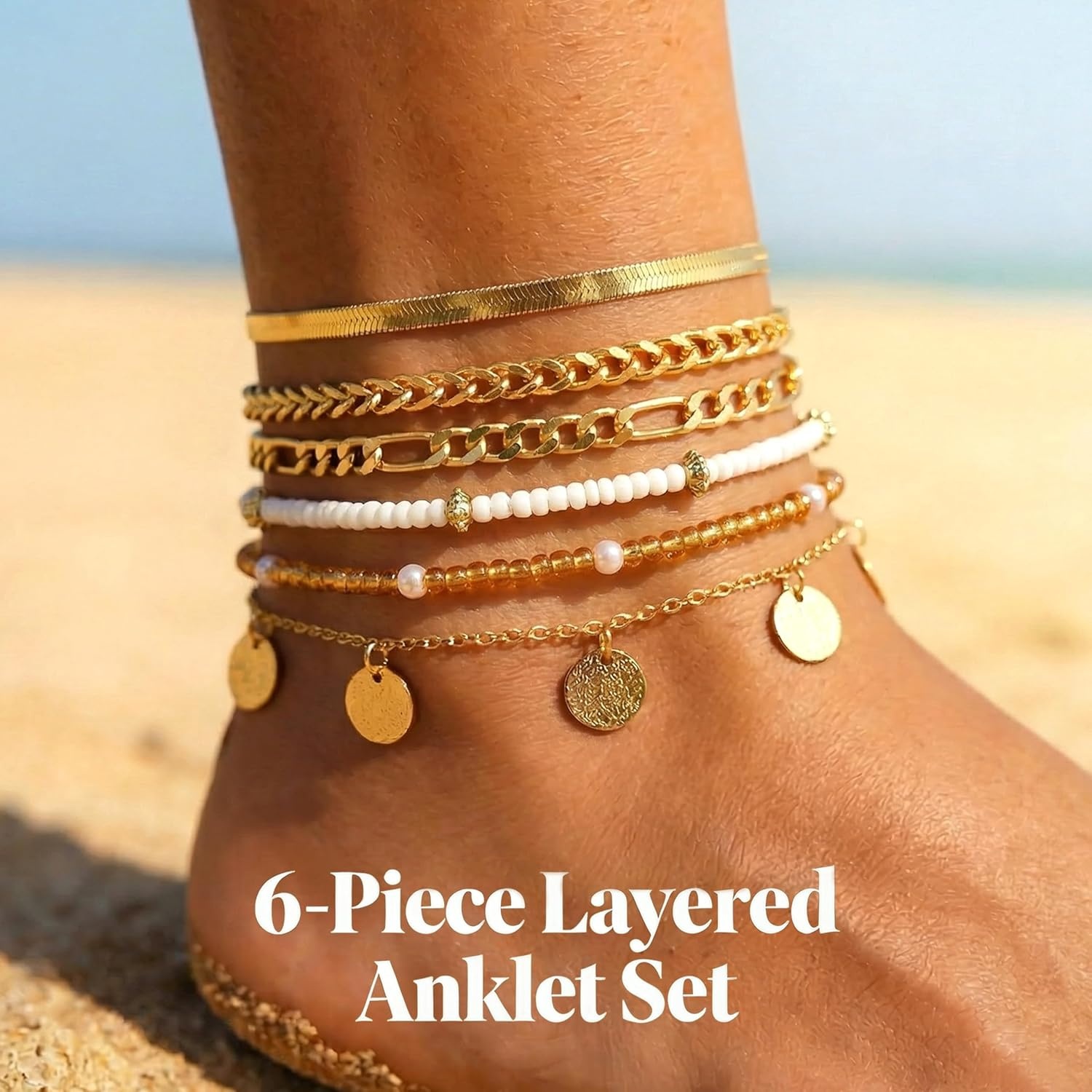image:imageFAXHION Gold Anklets for Women Waterproof Adjustable Boho Stacking Dangle Coin White Bead Cuban Link Chain Anklets Set Summer Layered Beach Jewelry Gift for WomenGoldCuban Chain Coin