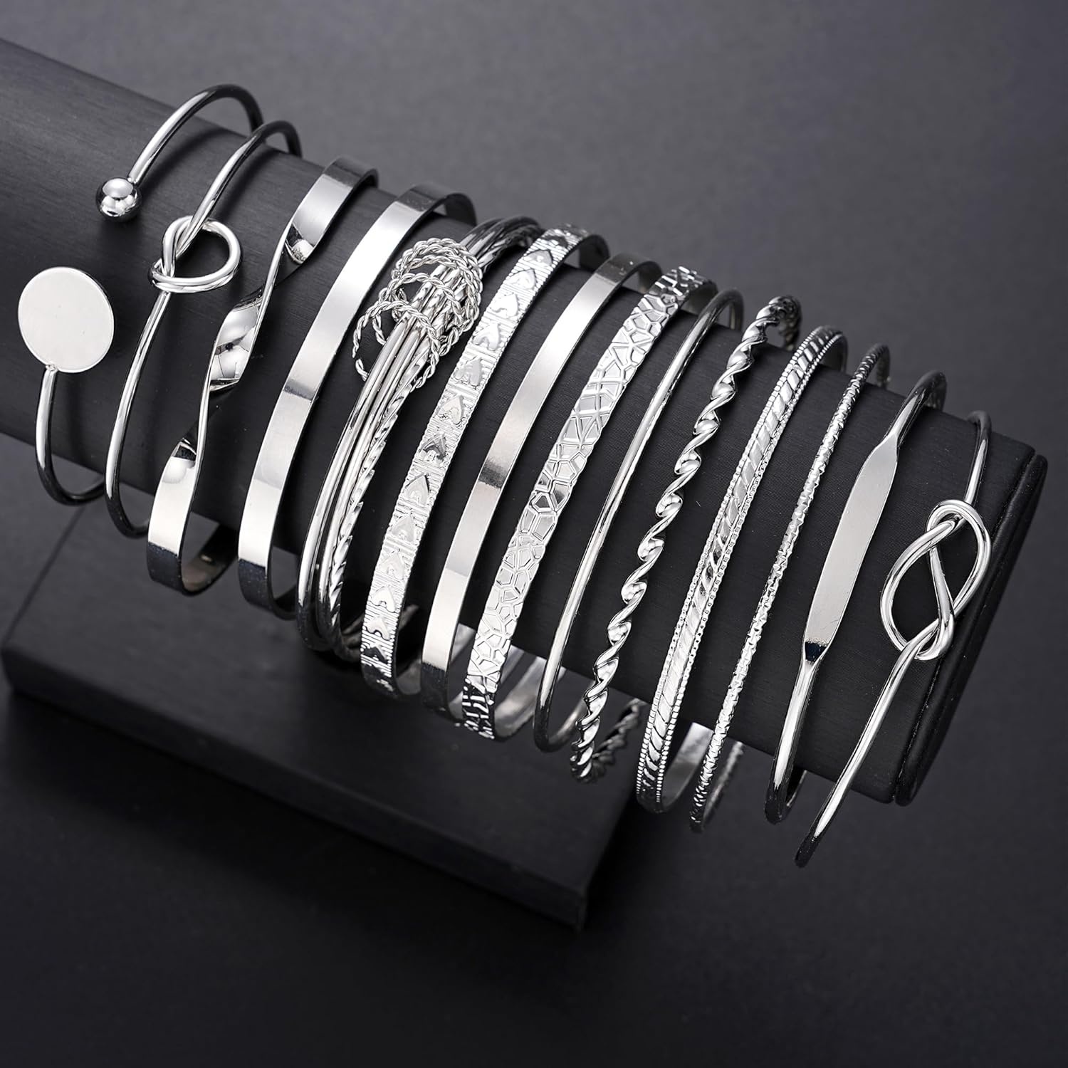 image:imageFAXHION Gold Bangle Bracelets for Women 14 Pcs Multi Layer Stackable Bangle Set 14K Gold Plated Textured Chunky Bracelets Boho Jewelrys SetSilver A14 pcs