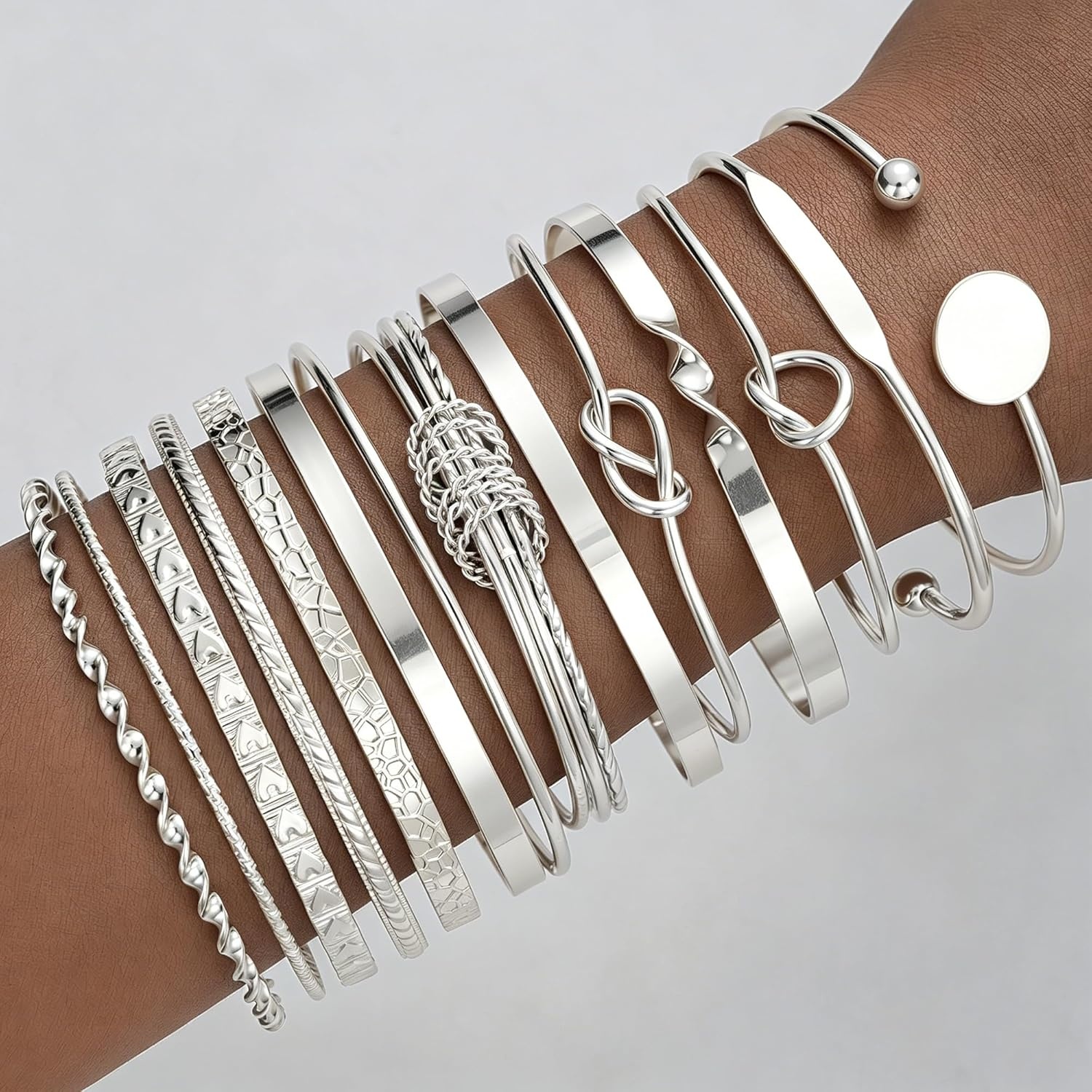 image:imageFAXHION Gold Bangle Bracelets for Women 14 Pcs Multi Layer Stackable Bangle Set 14K Gold Plated Textured Chunky Bracelets Boho Jewelrys SetSilver A14 pcs