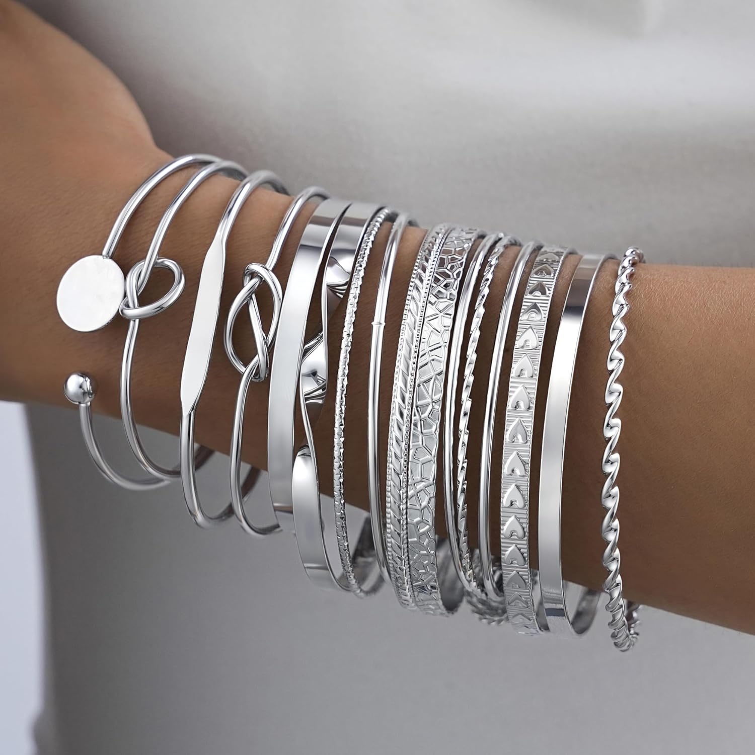 image:imageFAXHION Gold Bangle Bracelets for Women 14 Pcs Multi Layer Stackable Bangle Set 14K Gold Plated Textured Chunky Bracelets Boho Jewelrys SetSilver A14 pcs