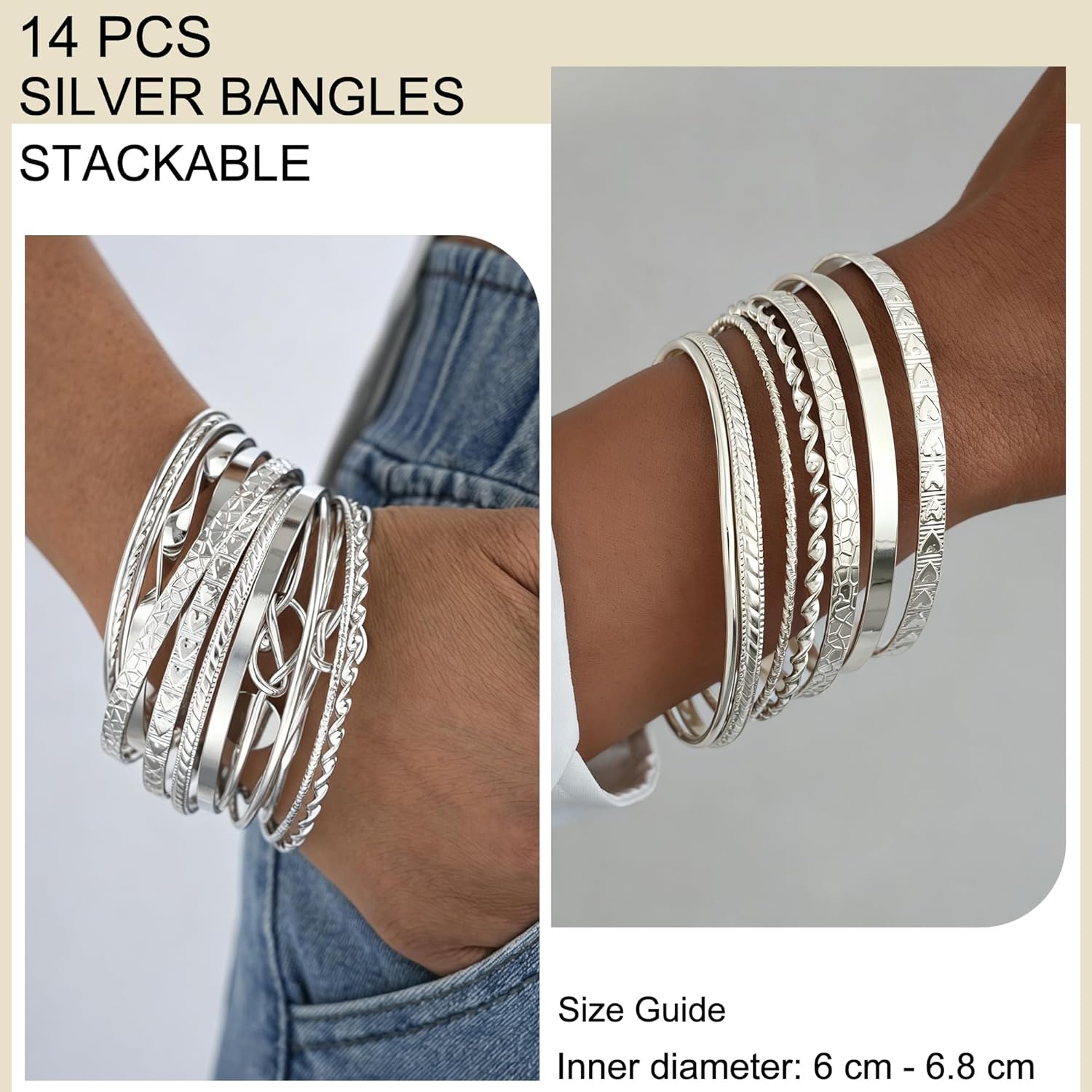 image:imageFAXHION Gold Bangle Bracelets for Women 14 Pcs Multi Layer Stackable Bangle Set 14K Gold Plated Textured Chunky Bracelets Boho Jewelrys SetSilver A14 pcs