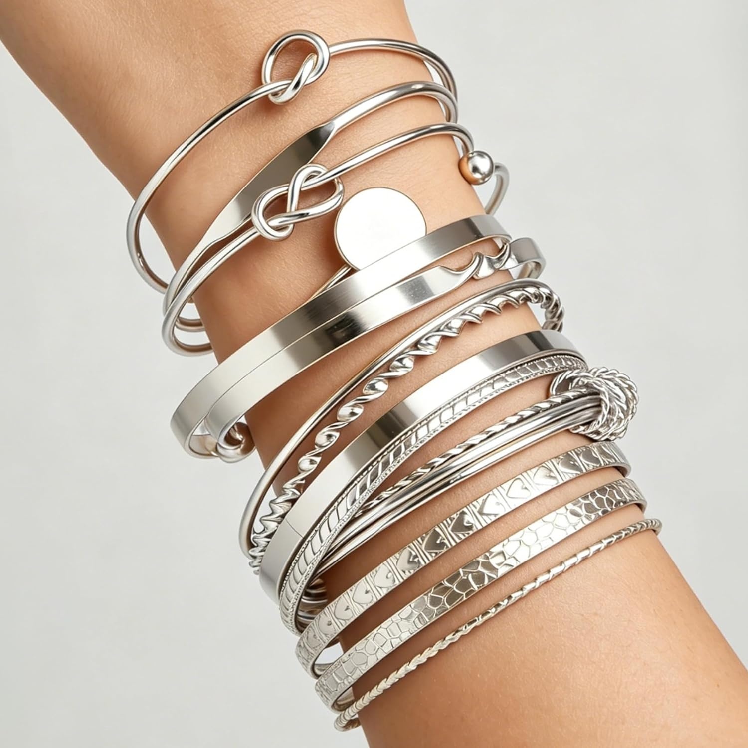 image:imageFAXHION Gold Bangle Bracelets for Women 14 Pcs Multi Layer Stackable Bangle Set 14K Gold Plated Textured Chunky Bracelets Boho Jewelrys SetSilver A14 pcs
