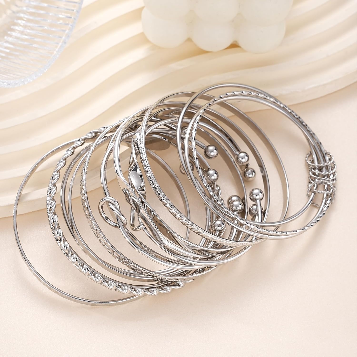 image:imageFAXHION Gold Bangle Bracelets for Women 14 Pcs Multi Layer Stackable Bangle Set 14K Gold Plated Textured Chunky Bracelets Boho Jewelrys SetSilver A14 pcs