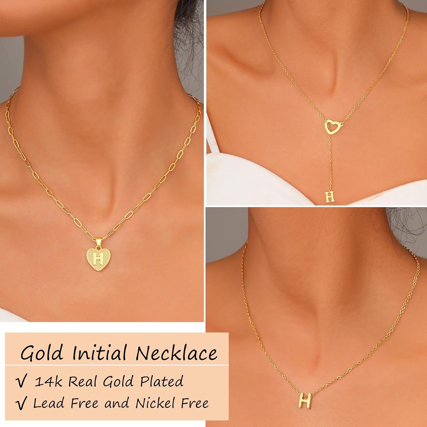 image:imageFAXHION Gold Initial Necklaces for Women 3 Pcs 14K Gold Plated Letter Heart Pendant Necklaces Dainty Gold Letter Necklace Set Layering Choker Necklace for GiftGold
