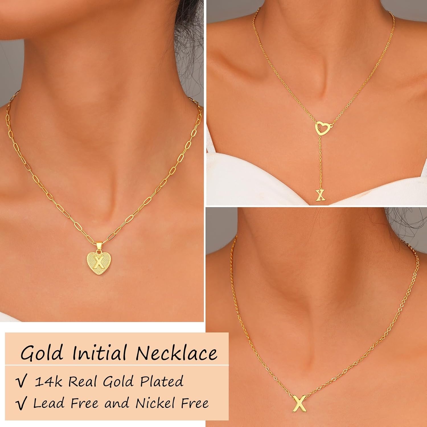image:imageFAXHION Gold Initial Necklaces for Women 3 Pcs 14K Gold Plated Letter Heart Pendant Necklaces Dainty Gold Letter Necklace Set Layering Choker Necklace for GiftGold