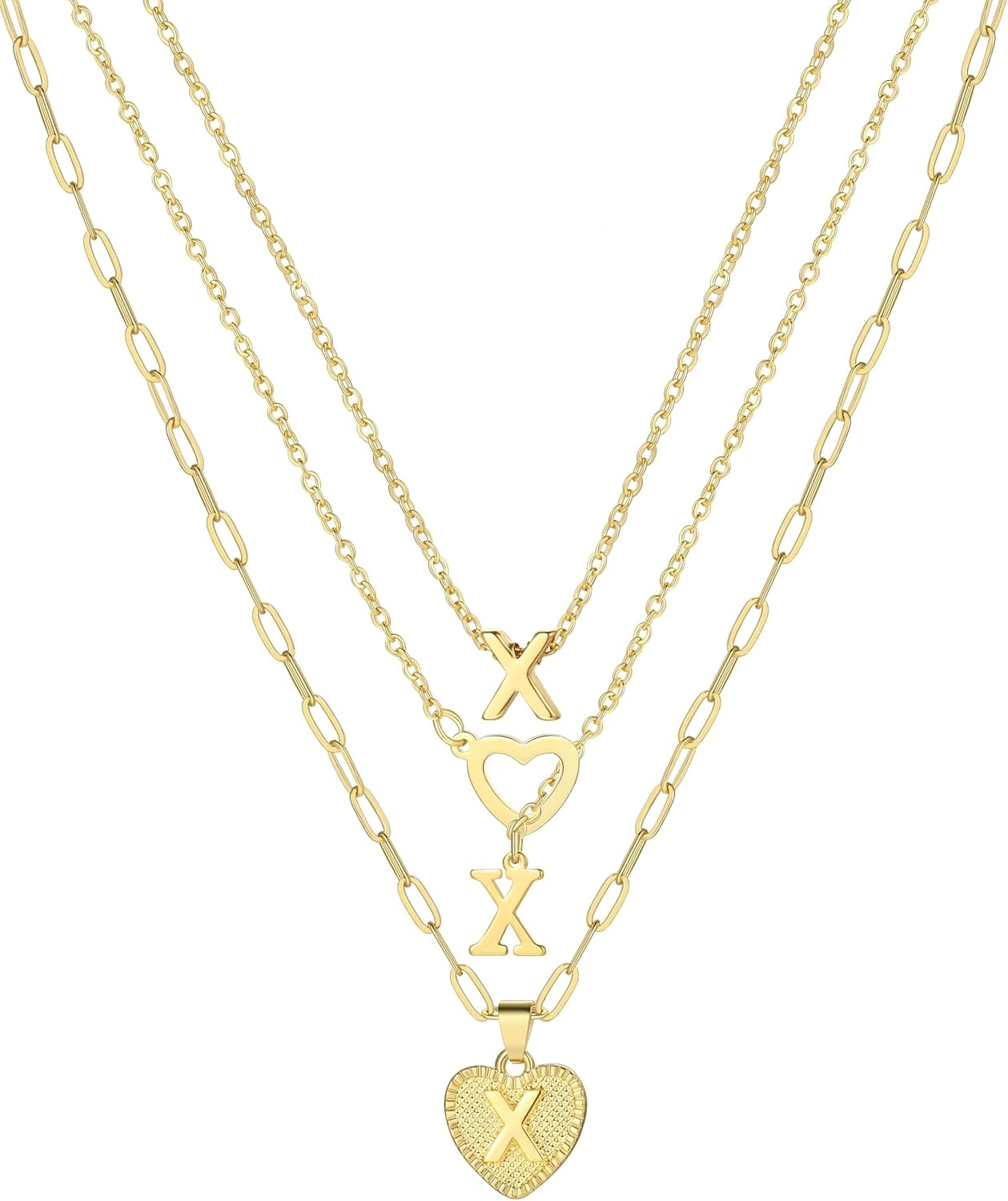 image:imageFAXHION Gold Initial Necklaces for Women 3 Pcs 14K Gold Plated Letter Heart Pendant Necklaces Dainty Gold Letter Necklace Set Layering Choker Necklace for GiftGold