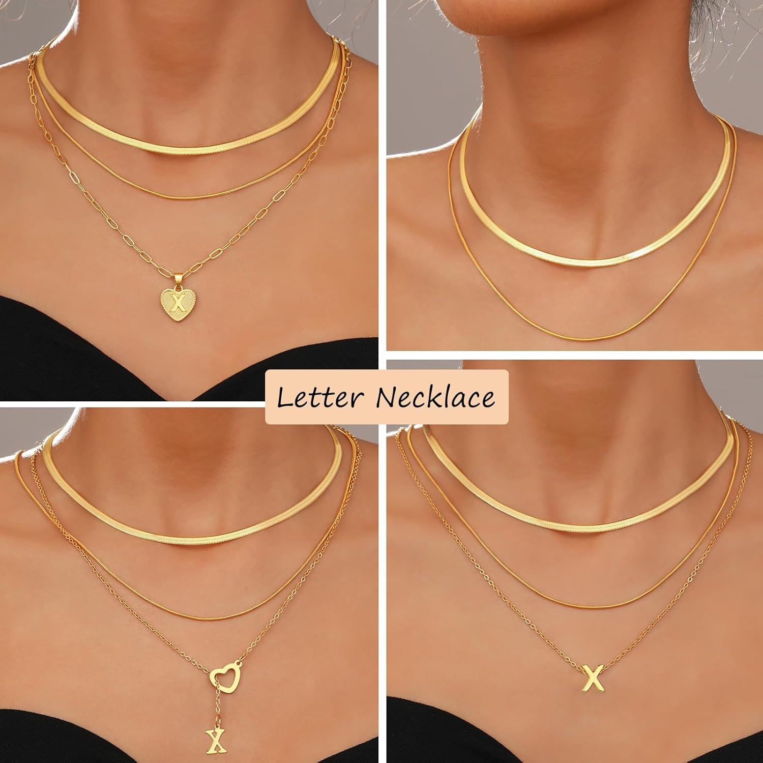 image:imageFAXHION Gold Initial Necklaces for Women 3 Pcs 14K Gold Plated Letter Heart Pendant Necklaces Dainty Gold Letter Necklace Set Layering Choker Necklace for GiftGold