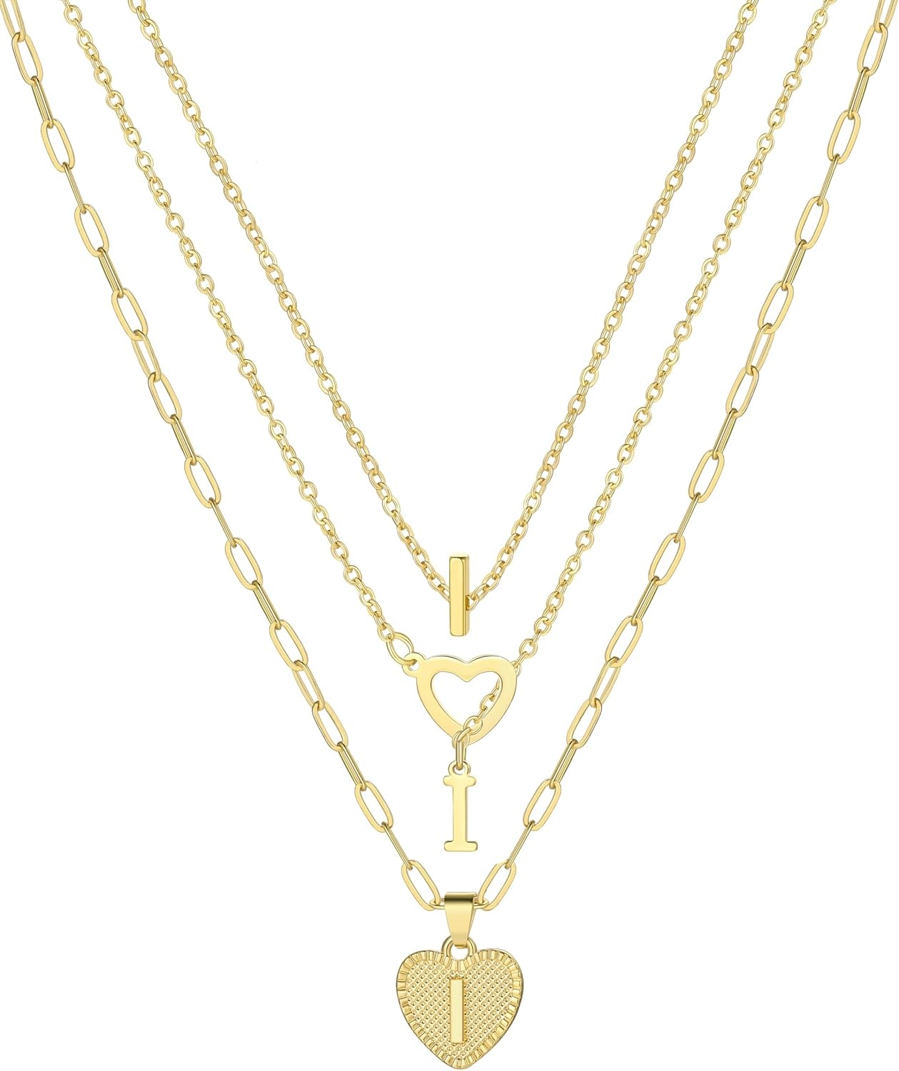 image:imageFAXHION Gold Initial Necklaces for Women 3 Pcs 14K Gold Plated Letter Heart Pendant Necklaces Dainty Gold Letter Necklace Set Layering Choker Necklace for GiftGold