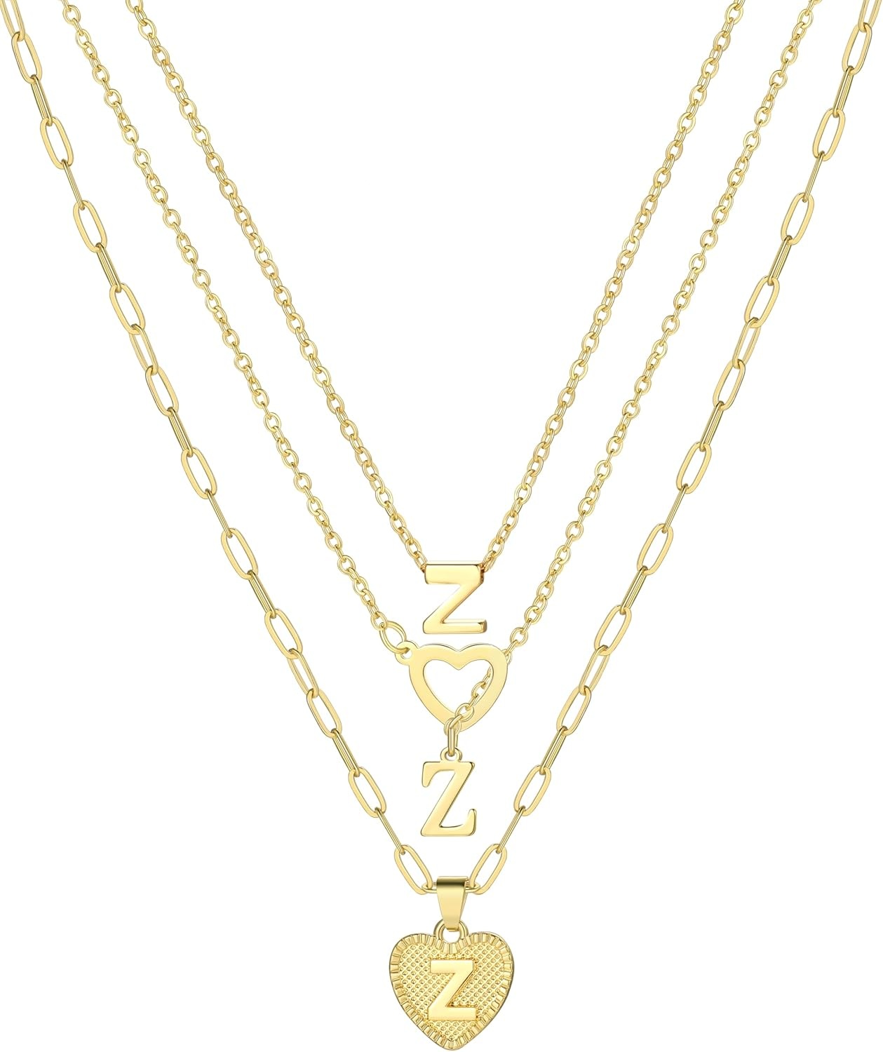 image:imageFAXHION Gold Initial Necklaces for Women 3 Pcs 14K Gold Plated Letter Heart Pendant Necklaces Dainty Gold Letter Necklace Set Layering Choker Necklace for GiftGold